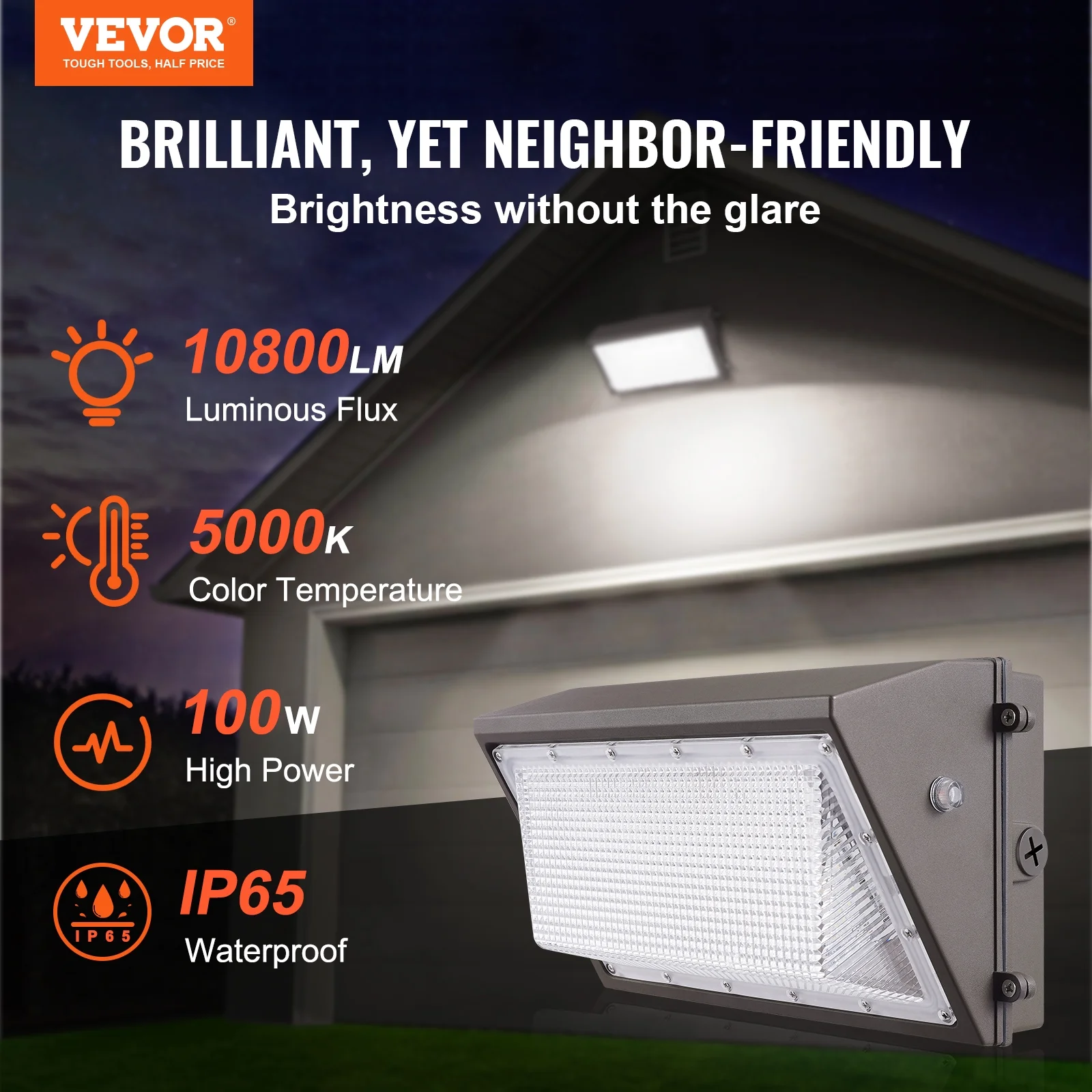 VEVOR 2PCs LED Wall Pack Lights, 100W 10800LM, 5000K Commercial Outdoor Lights Security Lighting Fixture, with Intelligent Light Sensing 180 LED beads Energy Saving for Garages Yards