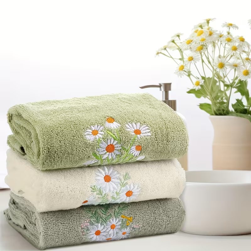 Solid Color Daisy Embroidered Towel, High Quality Bathroom, Hotel Suitable, Hand Towel, Face Towel