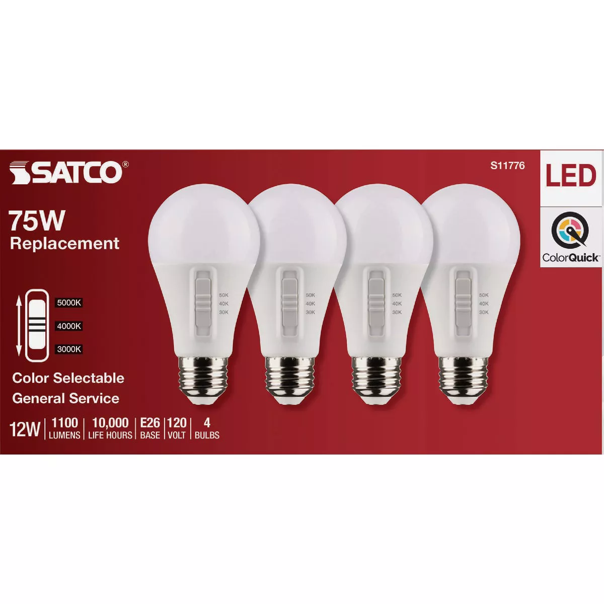 Satco 75W Equivalent 3CCT-Selectable A19 Traditional LED Light Bulb (4-Pack)