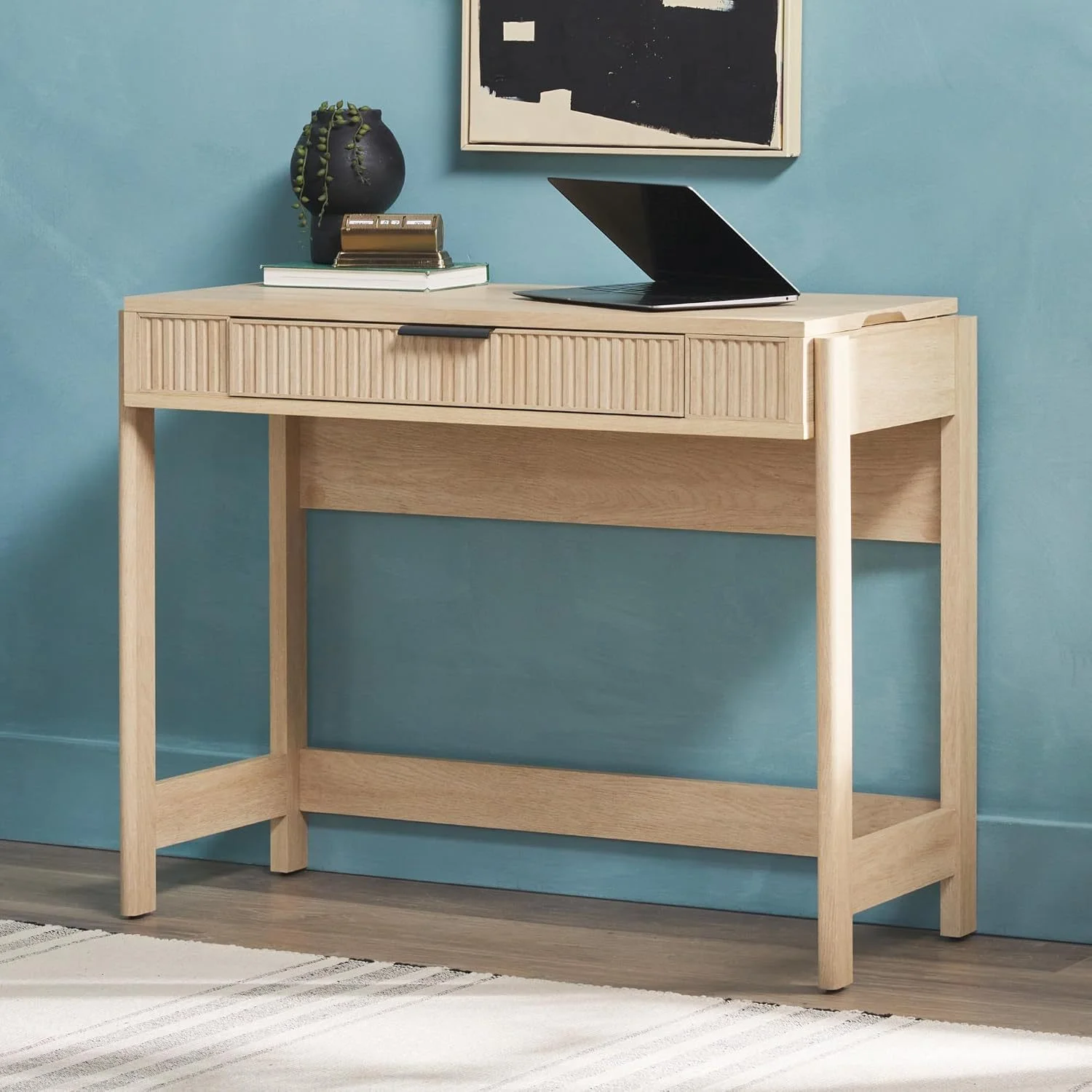 LHHP Transitional Style Furniture, Reeded Detail, Lift-Top Desk with Drawer and Storage Cubby, Sitting to Standing Desk, Soft Self-Close Desktop, 38��W x 16.75��D x 30��H, Coastal Oak