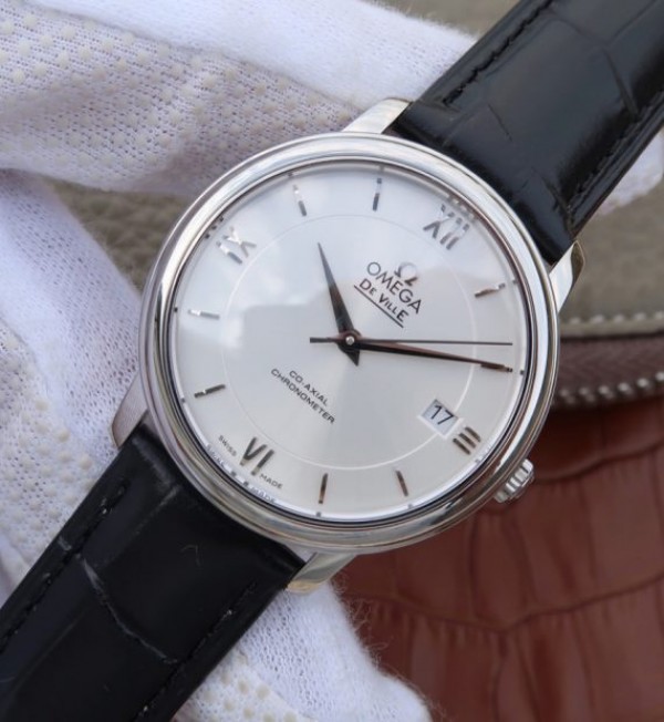 Replica Omega V6 De Ville 37mm SS White Dial Black Leather Strap A2892 - Elite Watch Atelier
