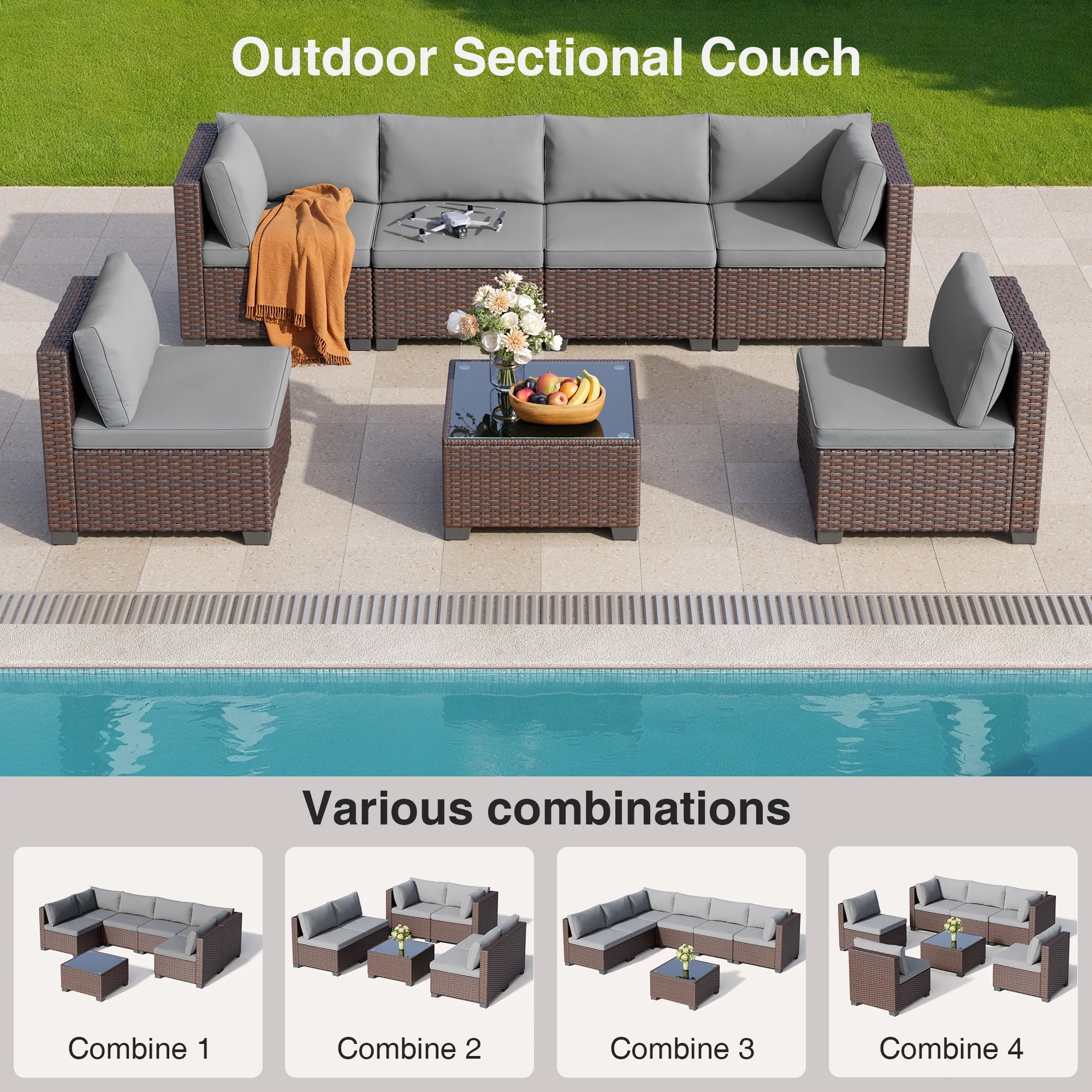 Aiho 7 Piece Outdoor Patio Furniture Set, Rattan Wicker Outdoor Conversation Sectional Sofa Set, Gray