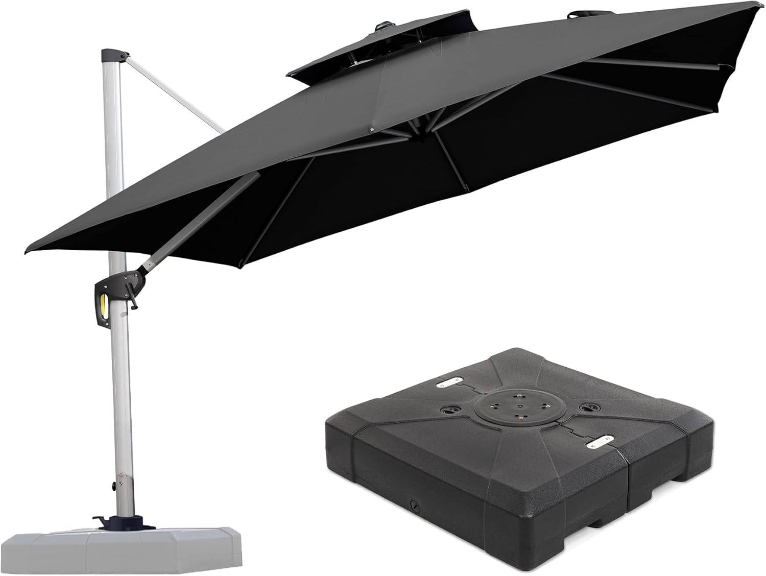 PURPLE LEAF 10 FT Patio Offset Umbrella Outdoor Cantilever Umbrella Hanging Umbrellas, 36 Month Fade Resistance & Water-repellent UV Protection Fabric Canopy with Crank & Water Tank Base (Black)