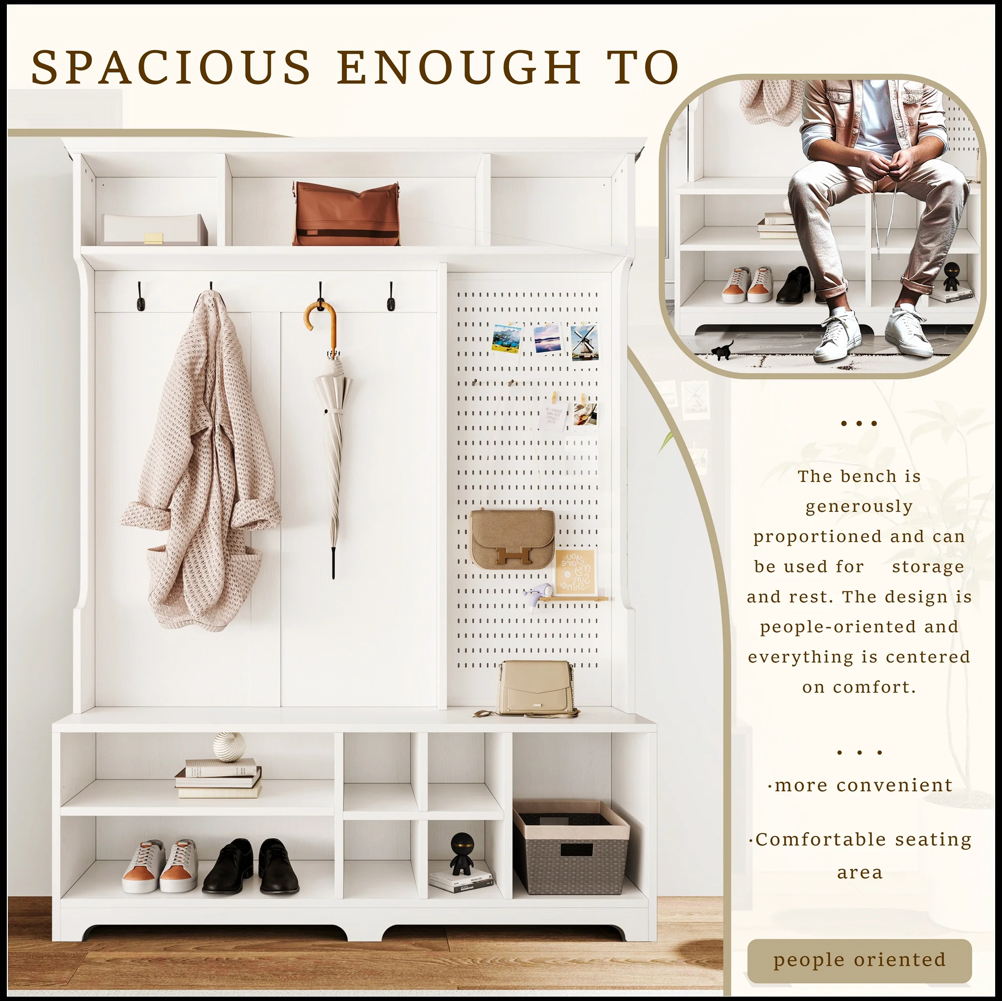 Hall Tree with Shoe Bench, Coat Rack ,Shoe Storage ,Storage Shelves and Pegboard, for Hallways, Halls and Bedrooms, White