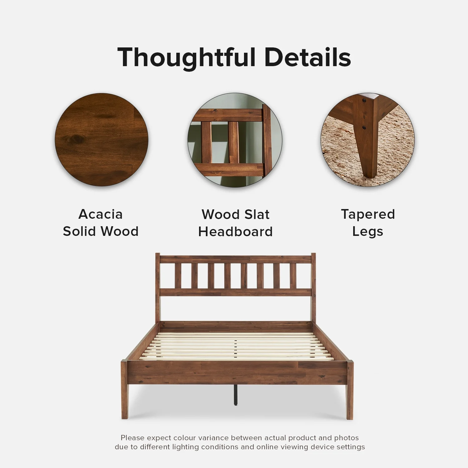Mopio Ted Queen Bed Frame with Headboard, Full Size Bed Frame, Mid Century Modern Acacia Solid Wood Platform Bed Frame, Wooden Bed Slats, No Box Spring Needed, Double Metal Bar Support, Walnut - Image 12