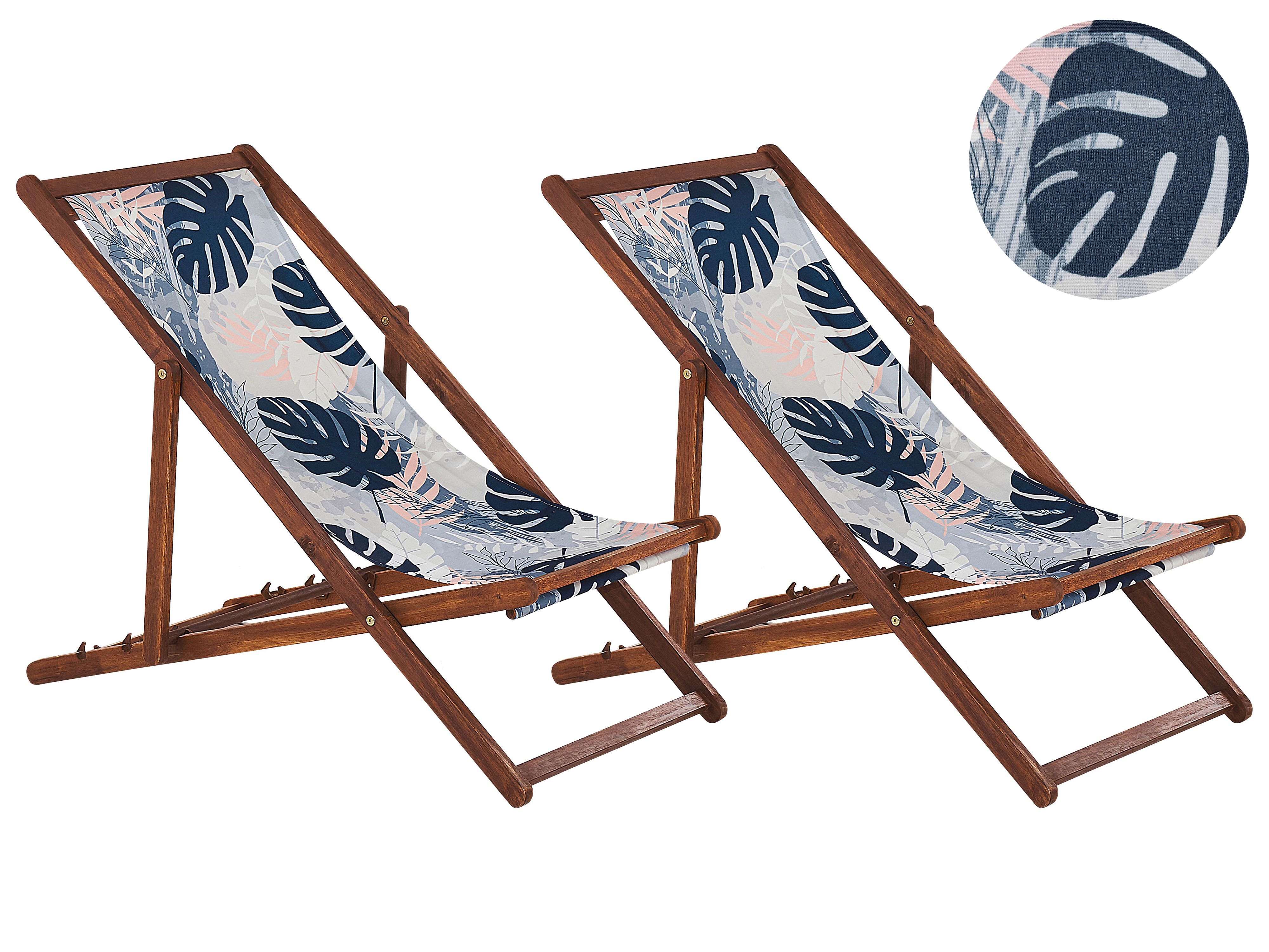 Set of 2 Folding Deck Chairs ANZIO with Replacement Fabrics Floral Motif Acacia Wood Dark Brown