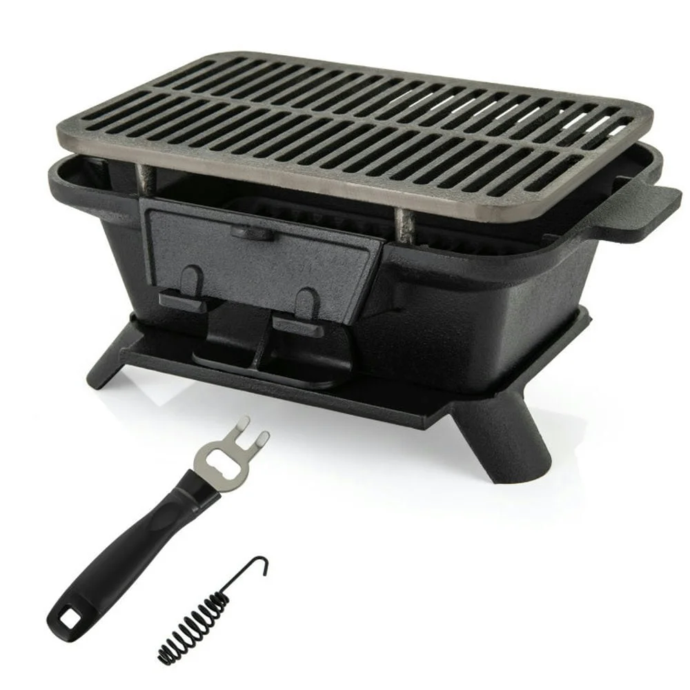 Aimee Lii 100% Cast Iron Hibachi Grill with Grill Grate Lifter, Outdoor Grill for Patio Garden