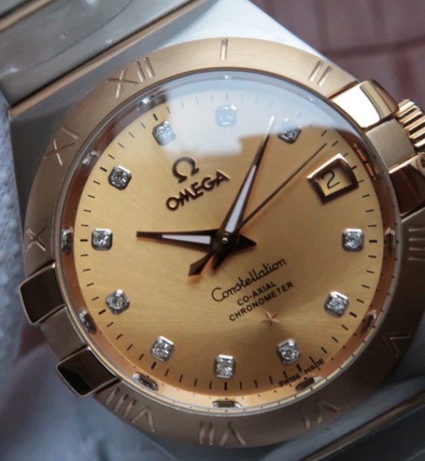 Replica Omega V6 Constellation 35mm Yellow Dial YG Bezel Diamonds Markers SS Bracelet A2500 - Top club