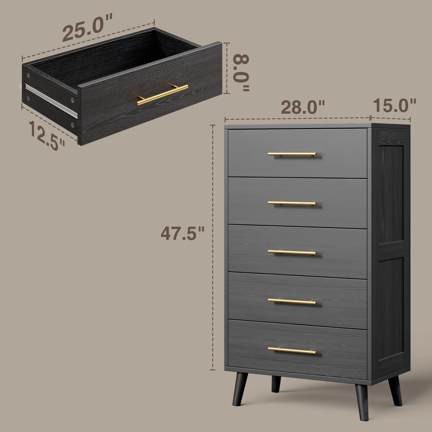 Bedroom Set - Includes Full Size Bed Frame (Dark Gray), Nightstands, 5-Drawer Dresser & Double Wide 6-Drawer Dresser - Modern Storage Solution for Stylish Home Decor, Black