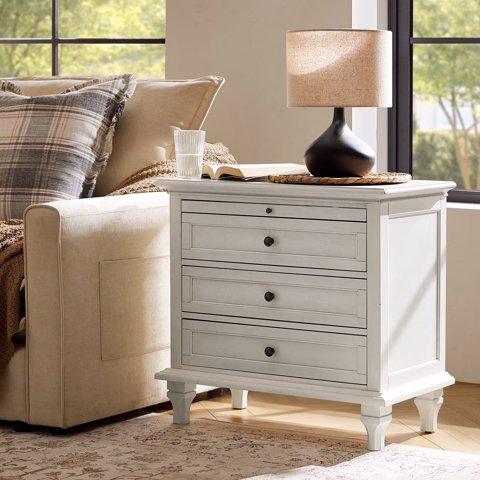 Farmhouse 3 Drawers Nightstand with Tray Bedside Table with Charging Station Acorn - Image 3