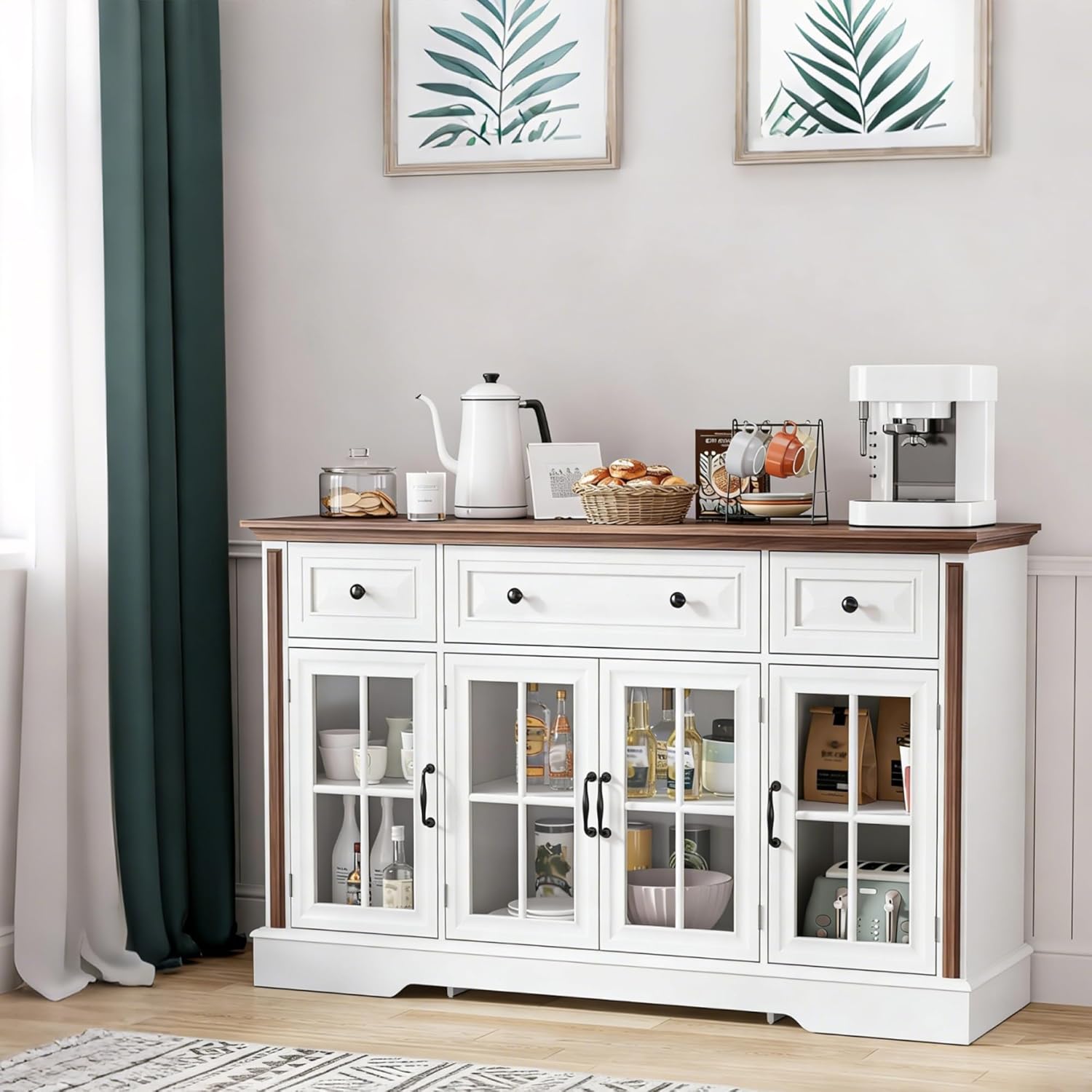 Sideboard Buffet Cabinet with Storage and Glass Doors,4-Door Cabinet with 3 Drawers,53.5