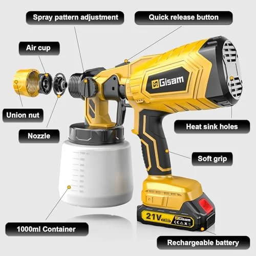 Cordless Paint Sprayer with Brushless Motor - 2 Batteries, 4 Brass Nozzles, 3 Spray Patterns, HVLP Spray Gun, Adjustable Flow Control, Electric Paint Spray for House/Furniture/Fence DIY Projects