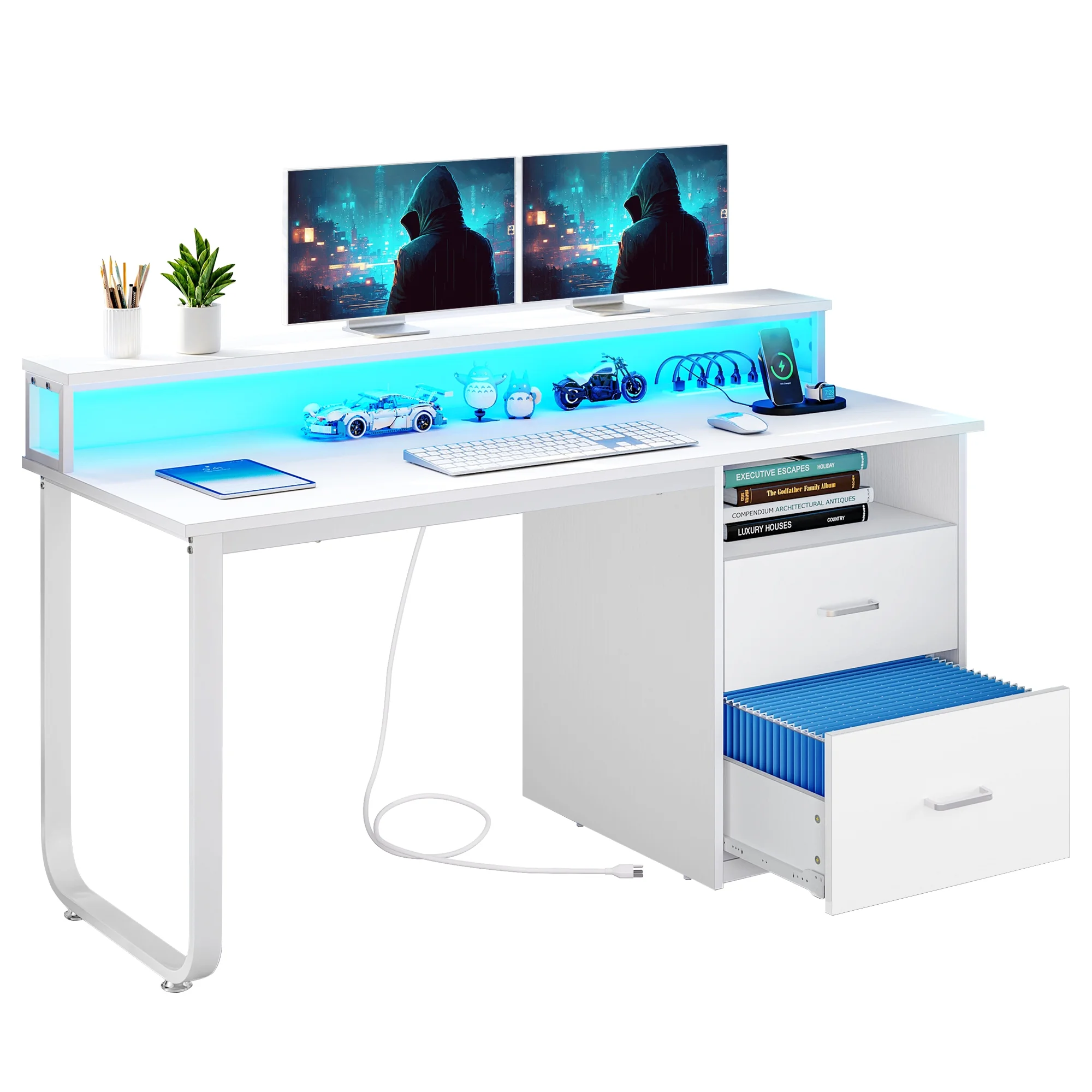 Dextrus 47 inch Computer Desk with Storage Drawers & LED Light, Office Desk with Monitor Stand & Power Outlets, Work Study PC Desk for Small Spaces, Home Office, Oak - Image 14