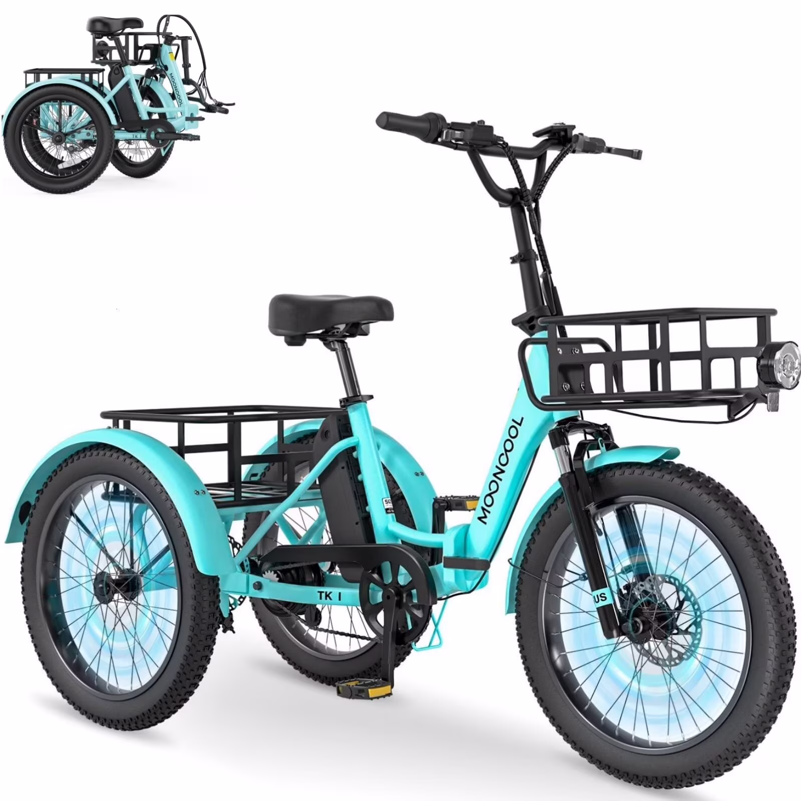 MOONCOOL TK1 Folding Electric Tricycle for Adults,48V 14.5Ah Removable battery, 500W(Peak 1000w)Motor, 20" Fat Tire Step-Thru 3Wheel Electric Bicycle w/Front&Rear Baskets, Certified to UL 2849 by SGS - Image 13