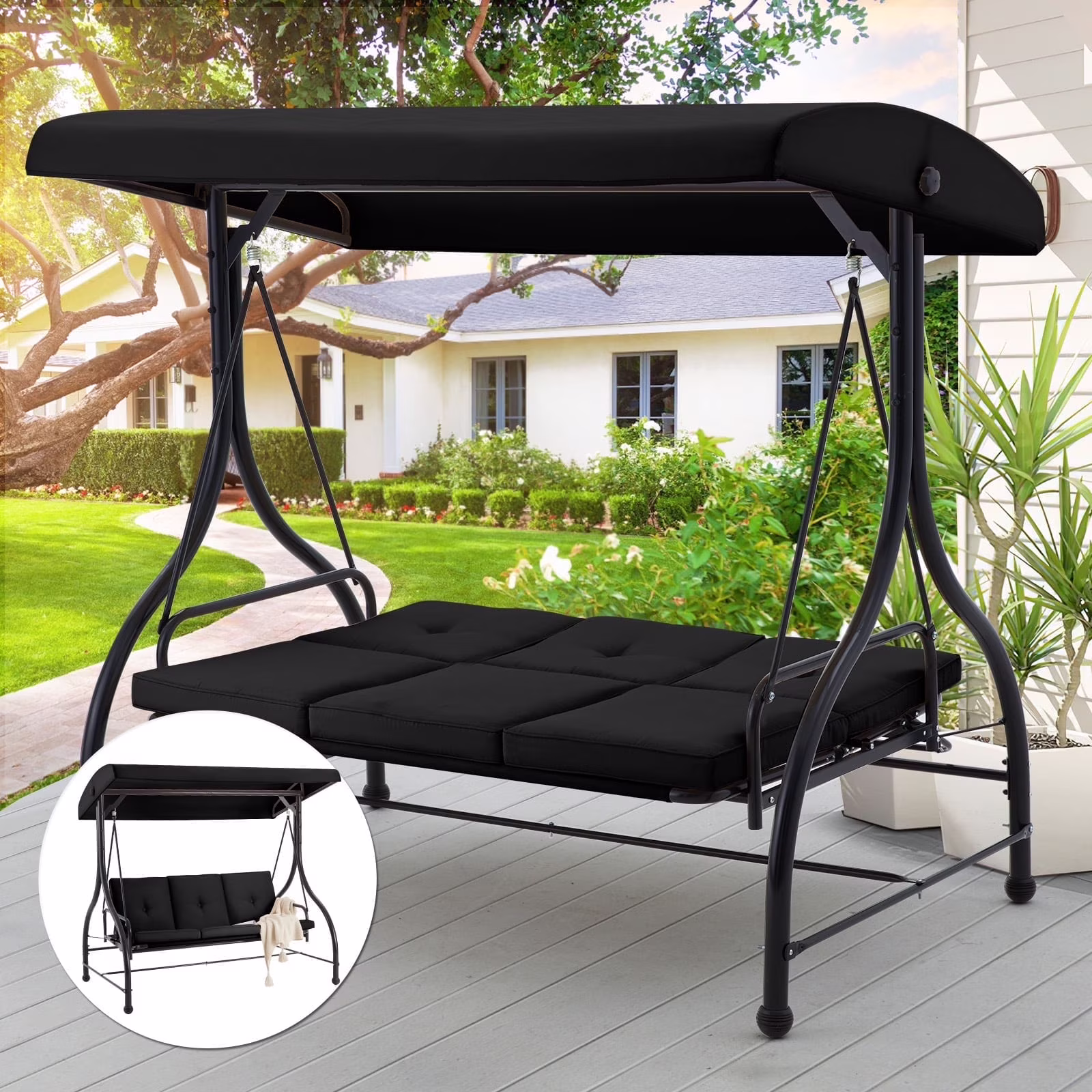AECOJOY 3 Person Canopy Steel Porch Swing, Converting Swing Glider Hammock-Beige - Image 9