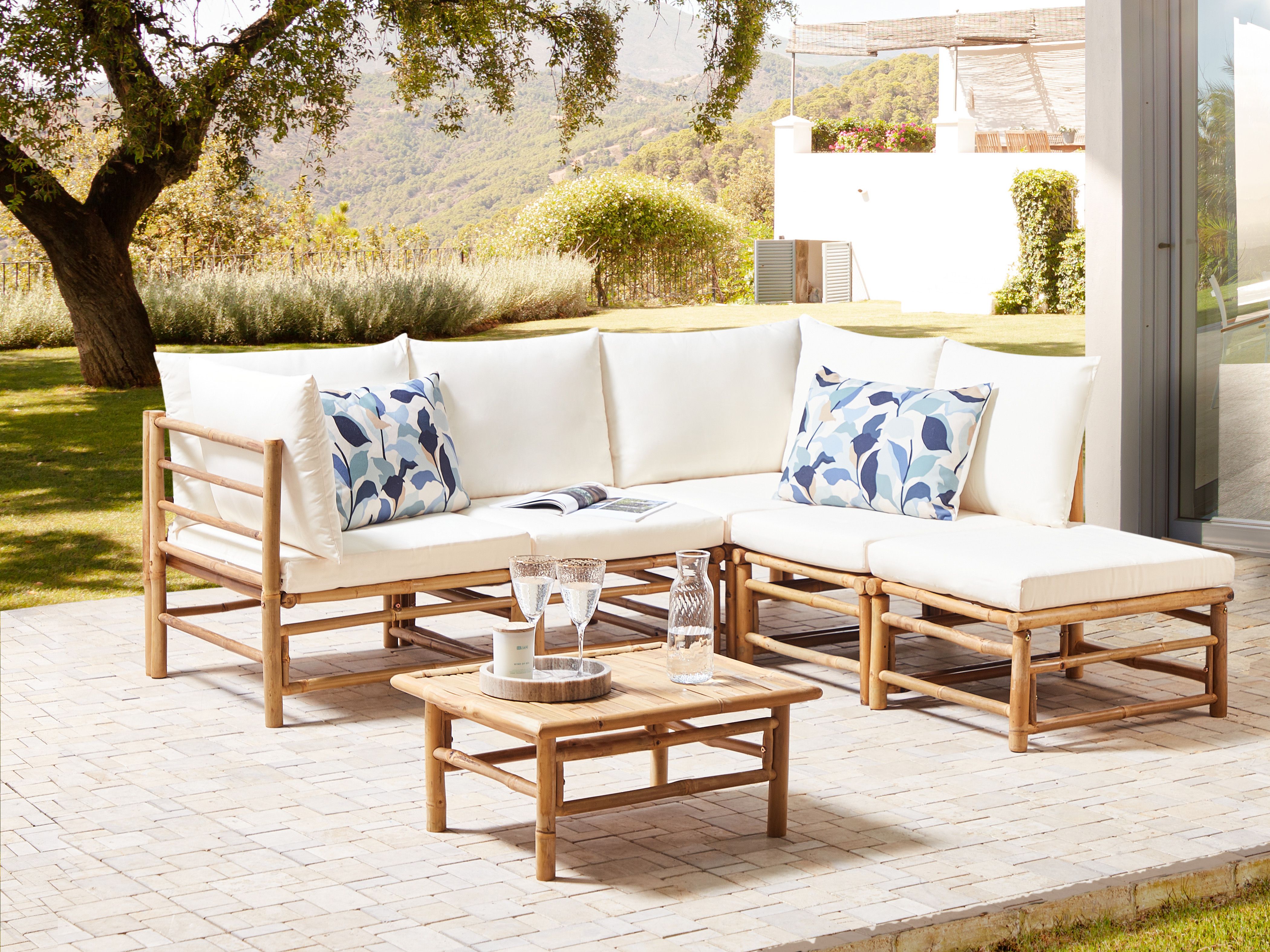 Garden Corner Sofa with Table 5 Seater CERRETO Left Hand Bamboo Off-White