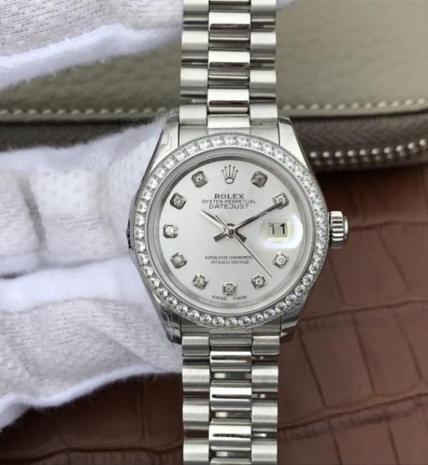 Replica Rolex DateJust 28mm Diamonds Bezel White Dial Diamonds Markers SS Bracelet A2236 - Top club