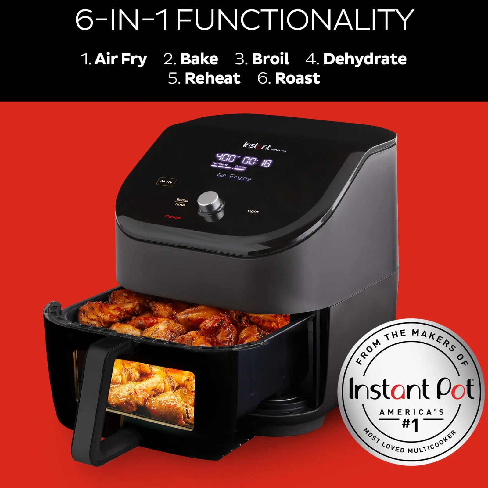 Instant Pot Vortex Plus 6-Quart 6-in-1 Air Fryer Oven with ClearCook Cooking Window, Digital Touchscreen, Nonstick and Dishwasher-Safe Basket, Includes Free App with over 1900 Recipes, Single Basket