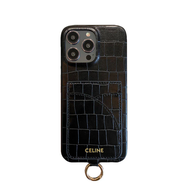 Alligator Print Celine iPhone Case With Card Holder And Strap Blcak -EYP241415 - Wholesale & Influencer