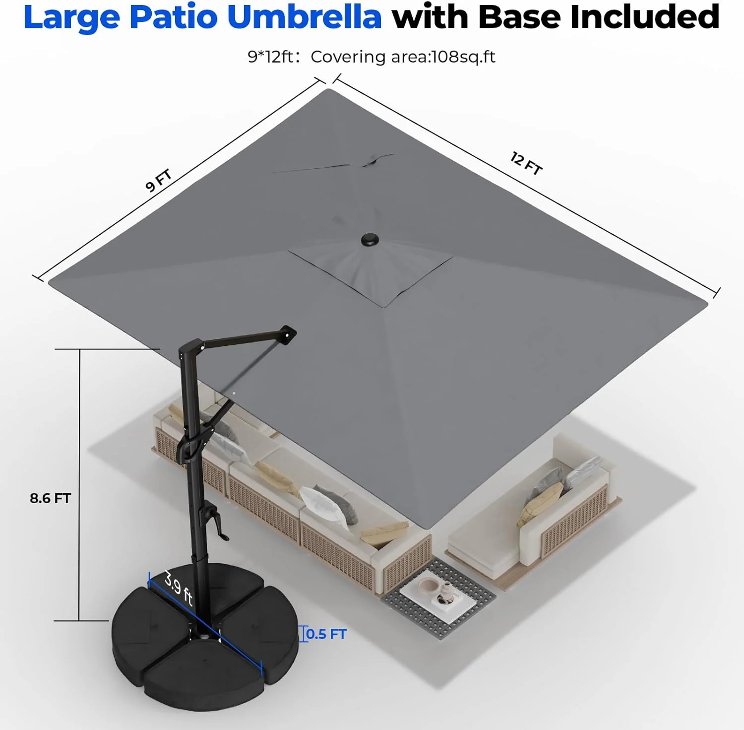 HOMSHADE Cantilever Patio Umbrella, 9x12FT, Grey, Aluminum, 360 Degree Rotation, 6 Tilts - Image 8 HOMSHADE Cantilever Patio Umbrella, 9x12FT, Grey, Aluminum, 360 Degree Rotation, 6 Tilts - Image 8