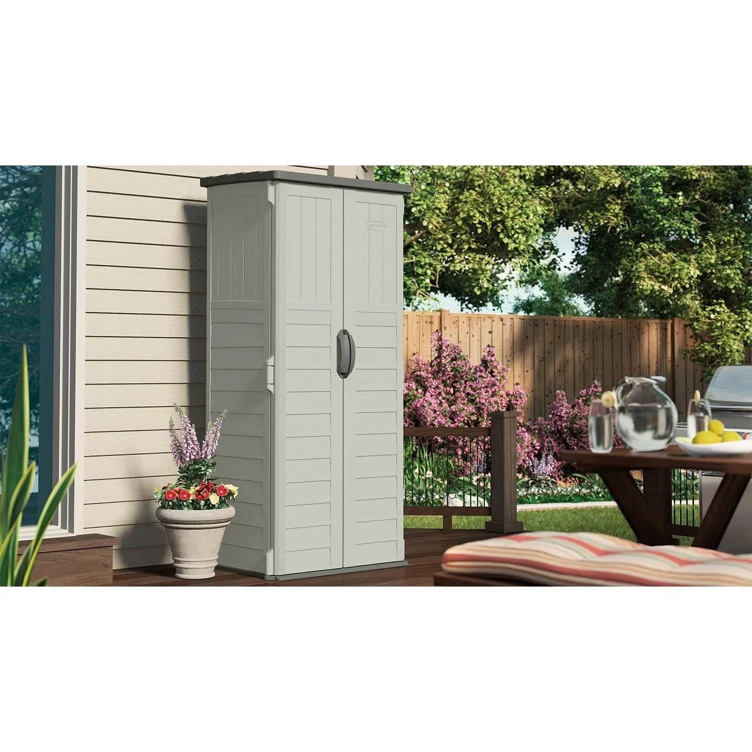 Suncast Resin Vertical Storage Shed, 22 Cubic Feet, Light Taupe, 2' 1.5in x 2' 8.5in x 6' - BMS1250 - Image 3 Suncast Resin Vertical Storage Shed, 22 Cubic Feet, Light Taupe, 2' 1.5in x 2' 8.5in x 6' - BMS1250 - Image 3