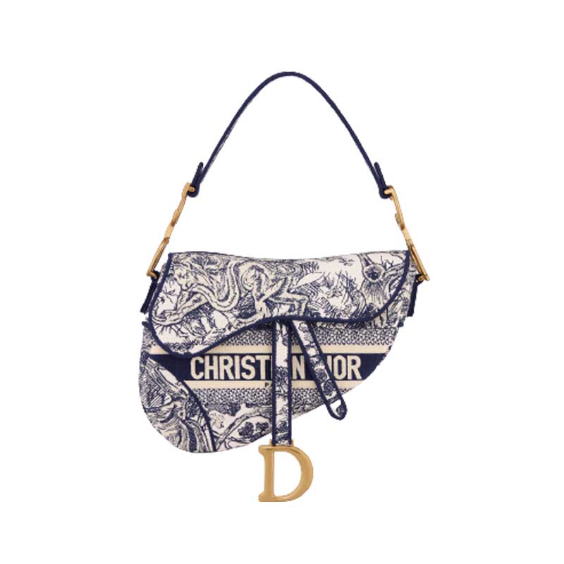 Saddle Bag Blue Toile de Jouy Embroidery – DB0741:1High-quality replica