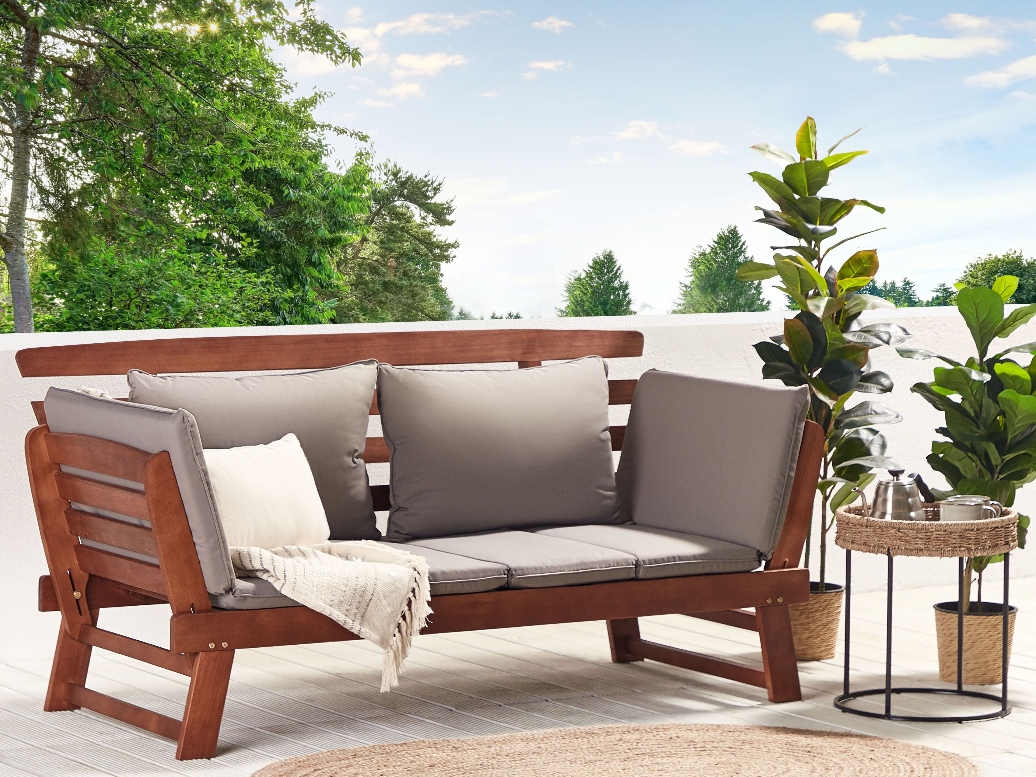 Garden Bench with Cushion PORTICI 210 cm Eucalyptus Wood Dark Brown/ Taupe