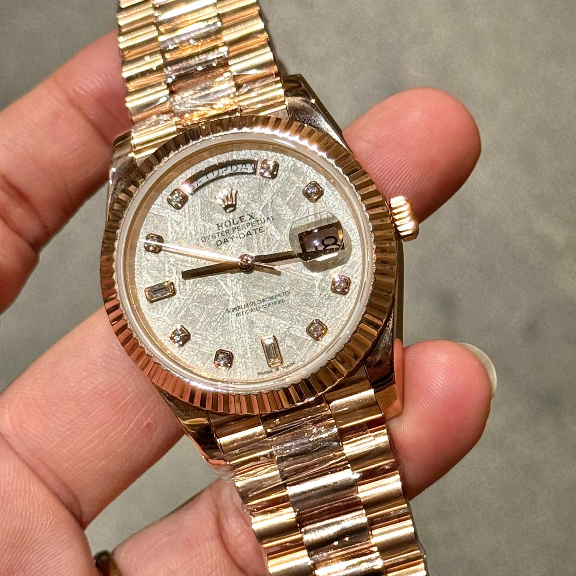 Rolex Replica Watch Day-Date Meteorite Dial With Moissanite Diamonds Hour Markers Custom Gold Wrapped GMF 40mm - Top club