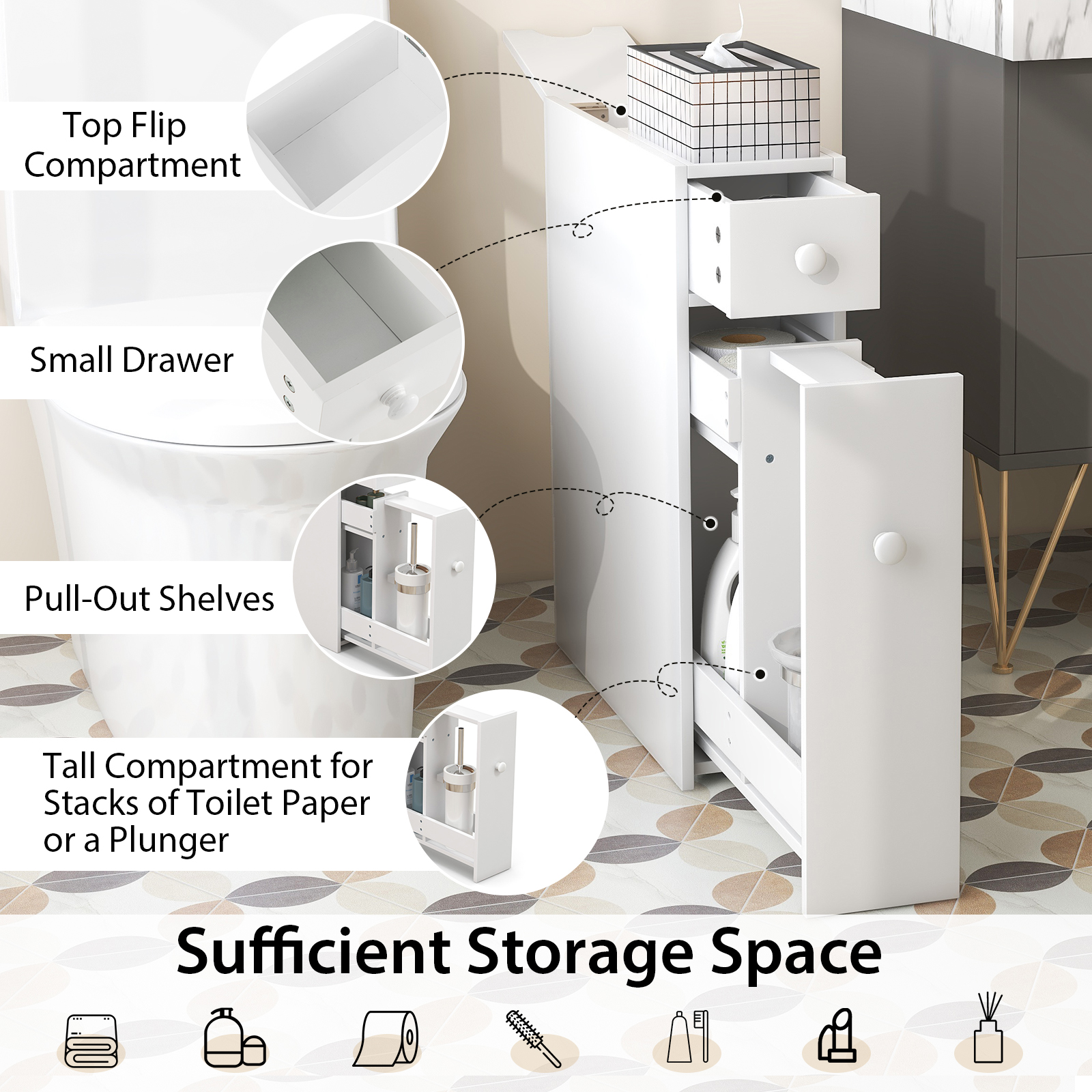 Topbuy Slim Bathroom Storage Cabinet Freestanding Toilet Paper Holder with Slide Out Drawers for Small Spaces White - Image 7