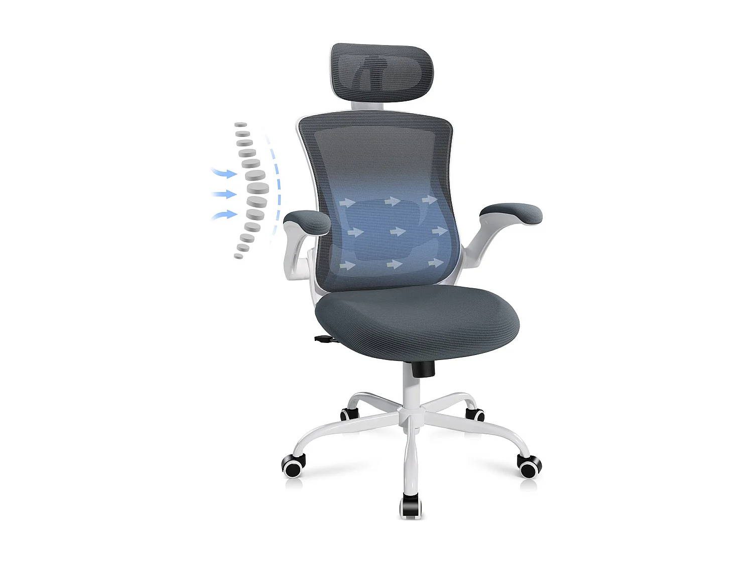 Chaise de bureau ergonomique – Dossier haut en mesh, soutien lombaire et appuie-tête réglables, accoudoirs relevables – Gris