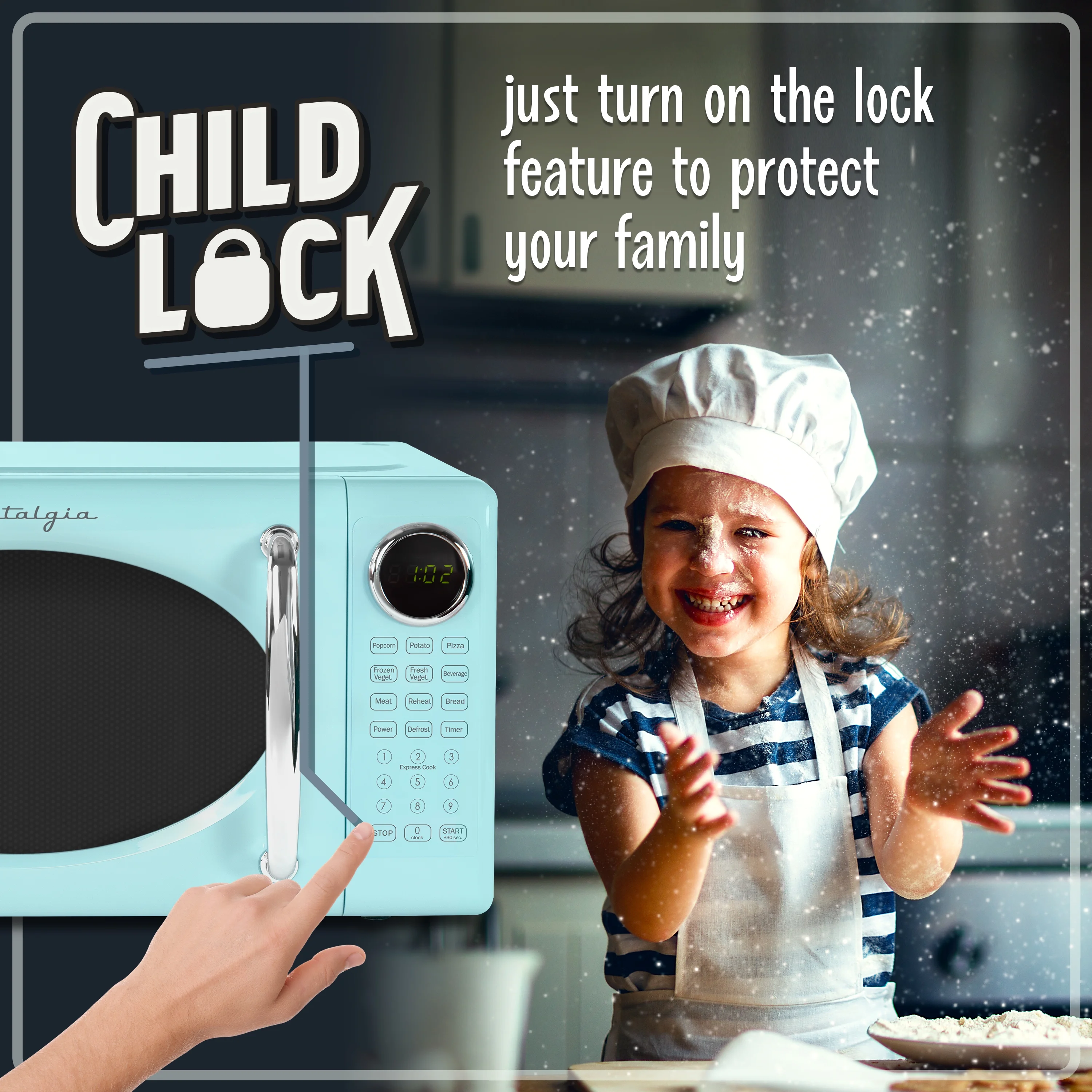 Nostalgia Retro Microwave Oven - 0.7 Cu Ft & 700-Watt Countertop Microwave with Glass Turntable, Child Safety Lock, 8 Auto-Cook Programs & Digital Clock - Aqua - Image 2