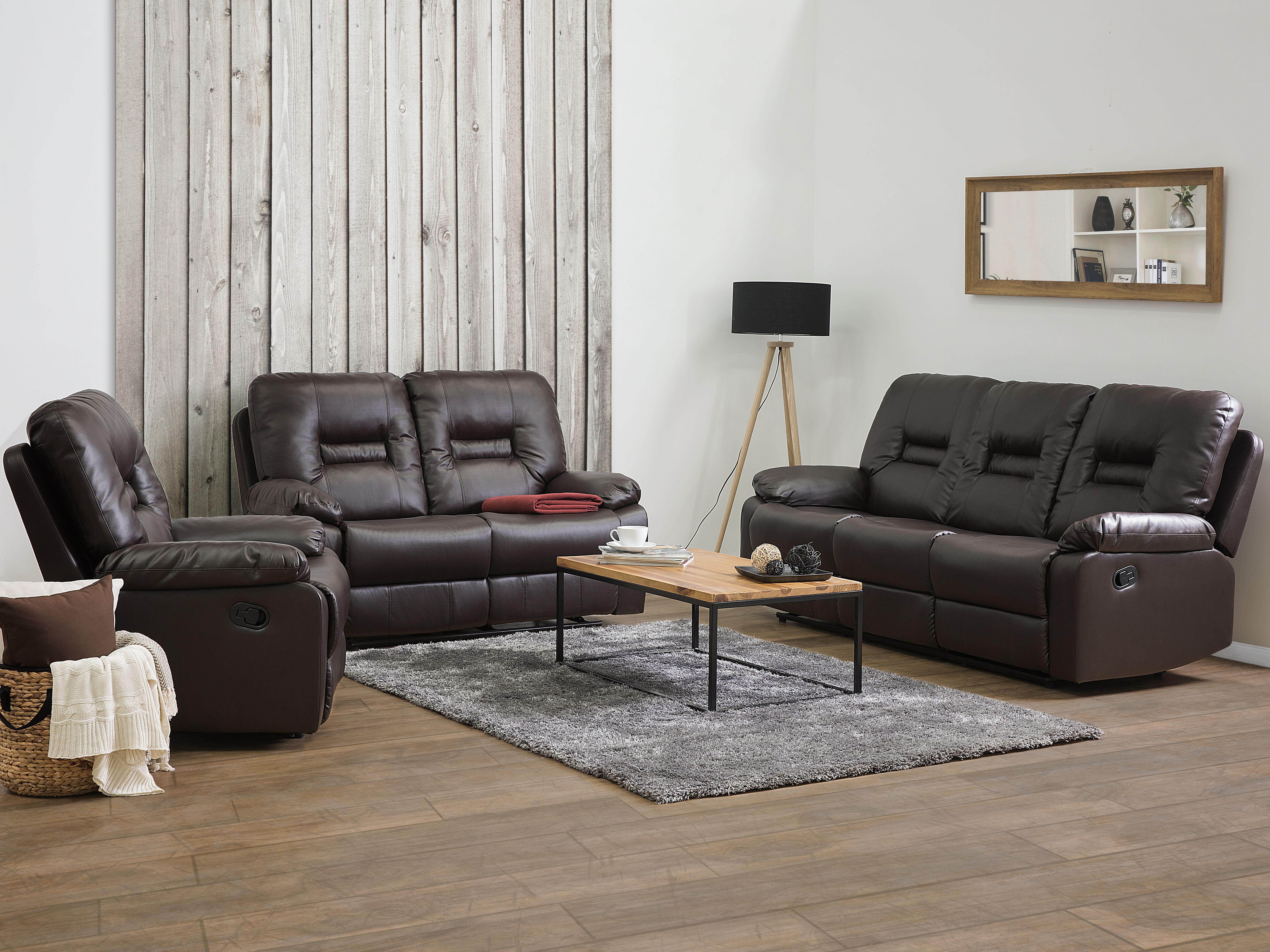 Manual Recliner Living Room Set 6 Seater BERGEN Faux Leather Brown