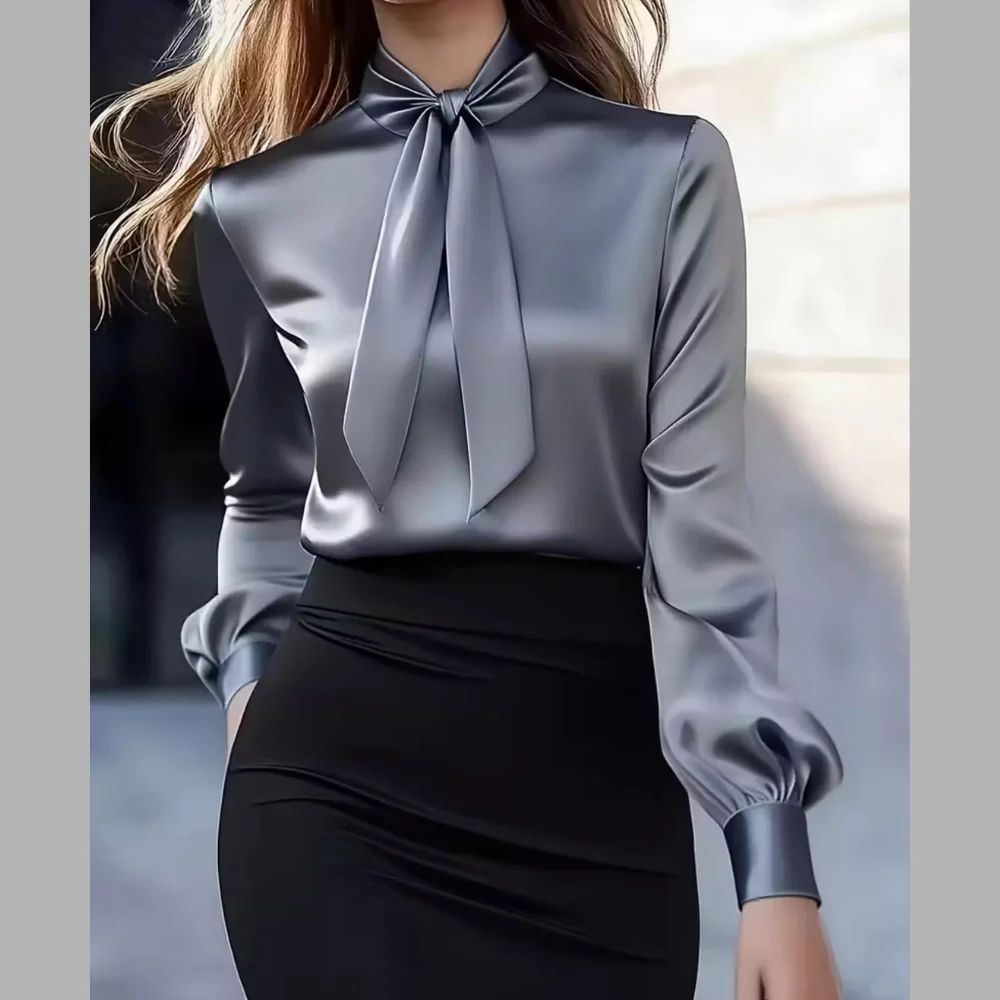 Satin Bow Tie Long Sleeve Blouse - ZKZOOK