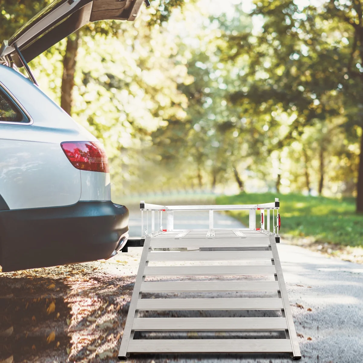 Costway 50'' x 29.5'' Aluminum Cargo Carrier with Ramp Hitch-Mounted Mobility Carrier Hauler - Image 7