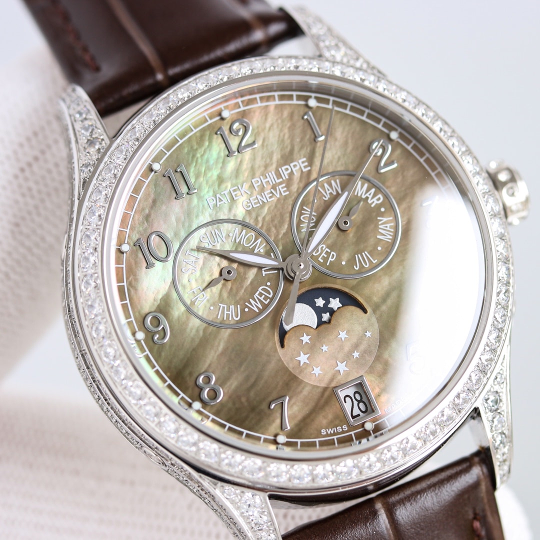 Fake Patek Philippe Replica Watch 4948G-001 Complications Ladies Annual Calendar Moon Phase 38mm Black Tahitian Mother of Pearl Arabic White Gold Diamond Set Leather(1:1 replica) - Top club