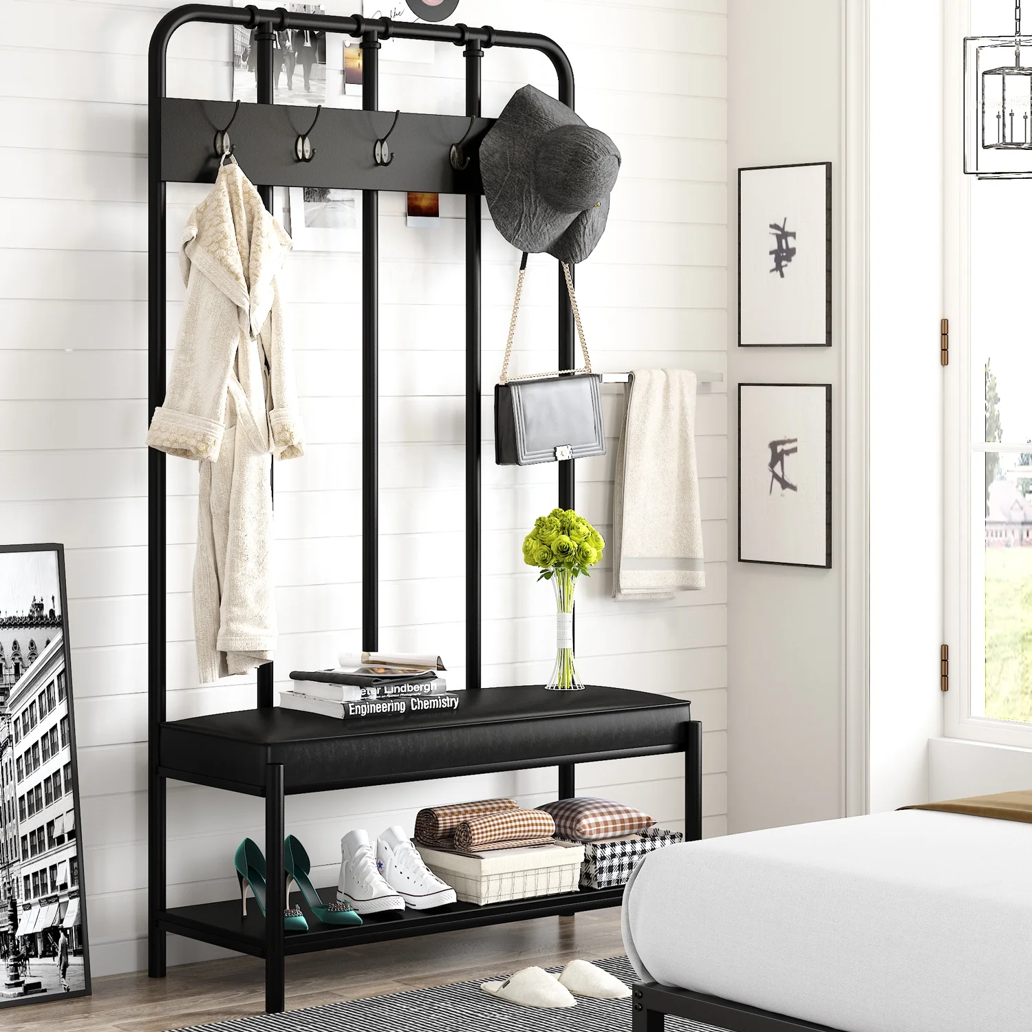 Amolife 4 in 1 Freestanding Hall Tree with 5 Hooks Coat Rack Shoe Bench, Entrance Bench with Storage Rack, Black