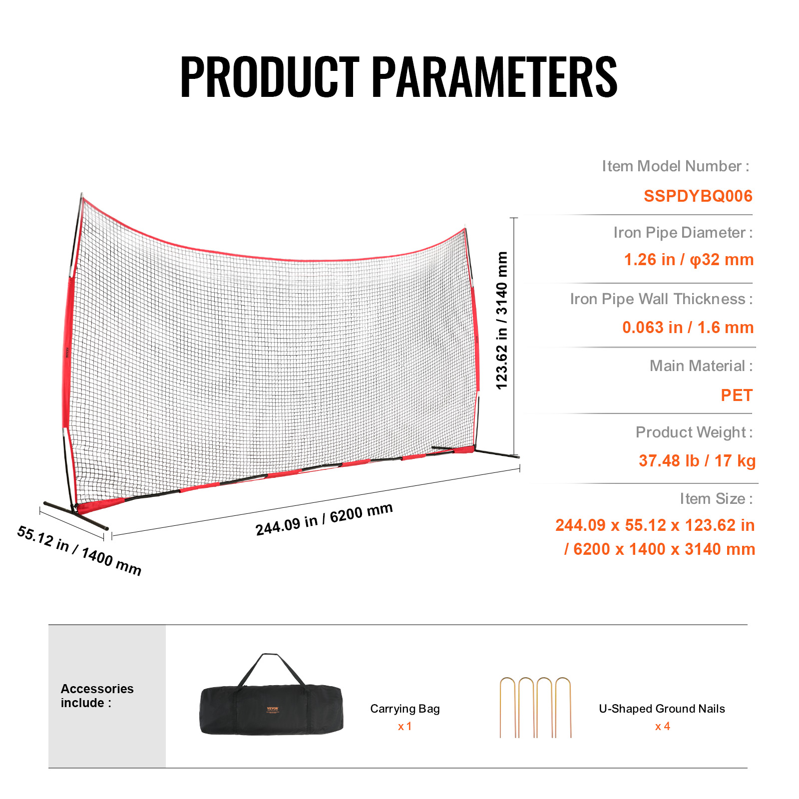 VEVOR Barricade Backstop Net, 20x10 ft Ball Sports Barrier Netting, Portable Practice Equipment with Carry Bag, Protection Screen for Baseball Softball Lacrosse Soccer Hockey Training, for Backyard - Image 7