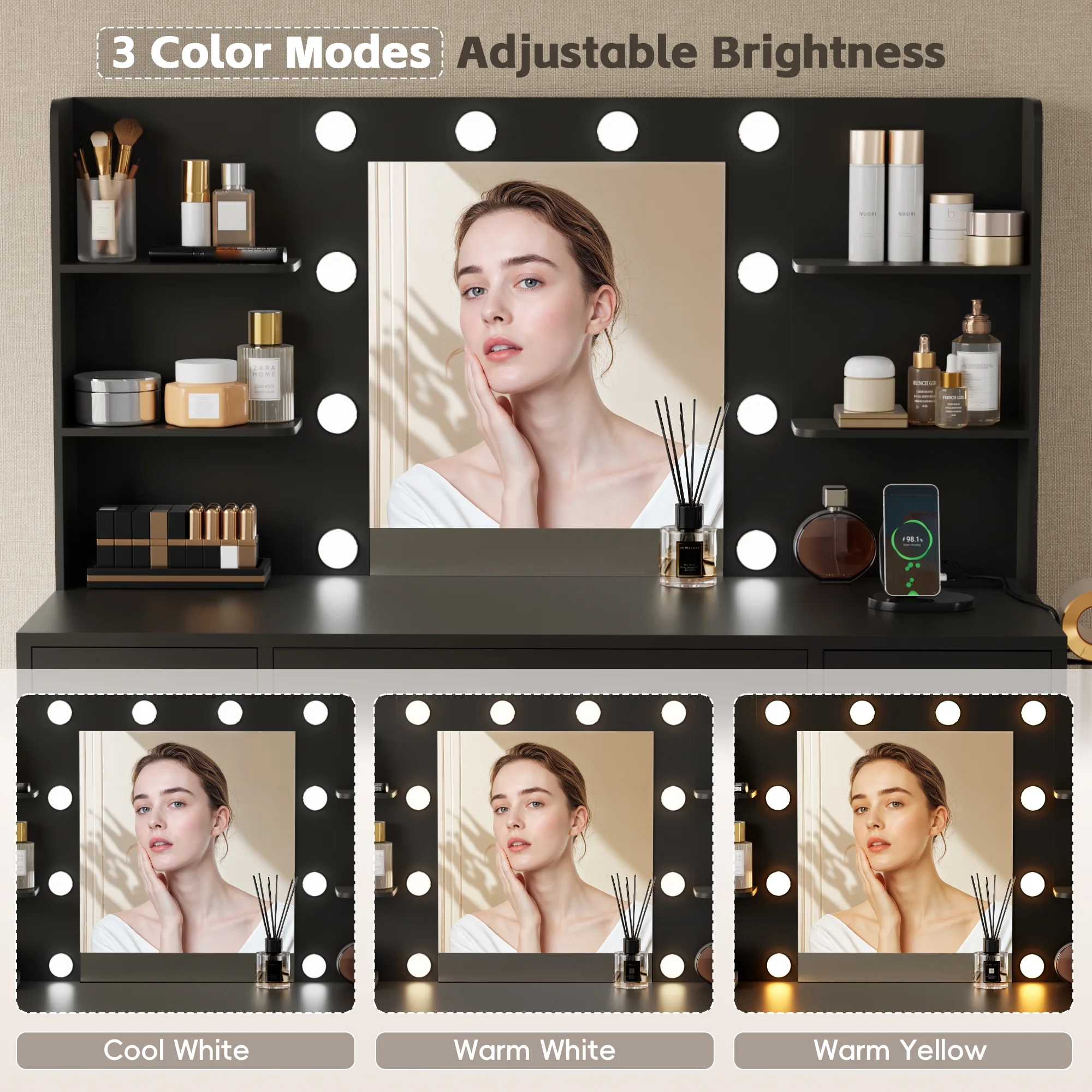 Lacoo Vanity Desk with Mirror and LED Lights, Makeup Vanity with 7 Drawers & 4 Shelves, Vanity Table with Power Outlet for Bedroom Dressing Room, White - Image 14