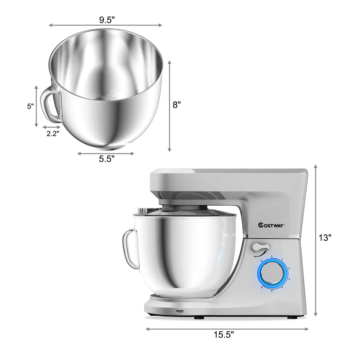 Costway Tilt-Head Stand Mixer 7.5 Qt 6 Speed 660W with Dough Hook, Whisk & Beater Silver