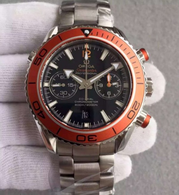 Replica Omega Planet Ocean 45mm Chrono Orange Bezel Black Dial SS Bracelet A7750 - Top club