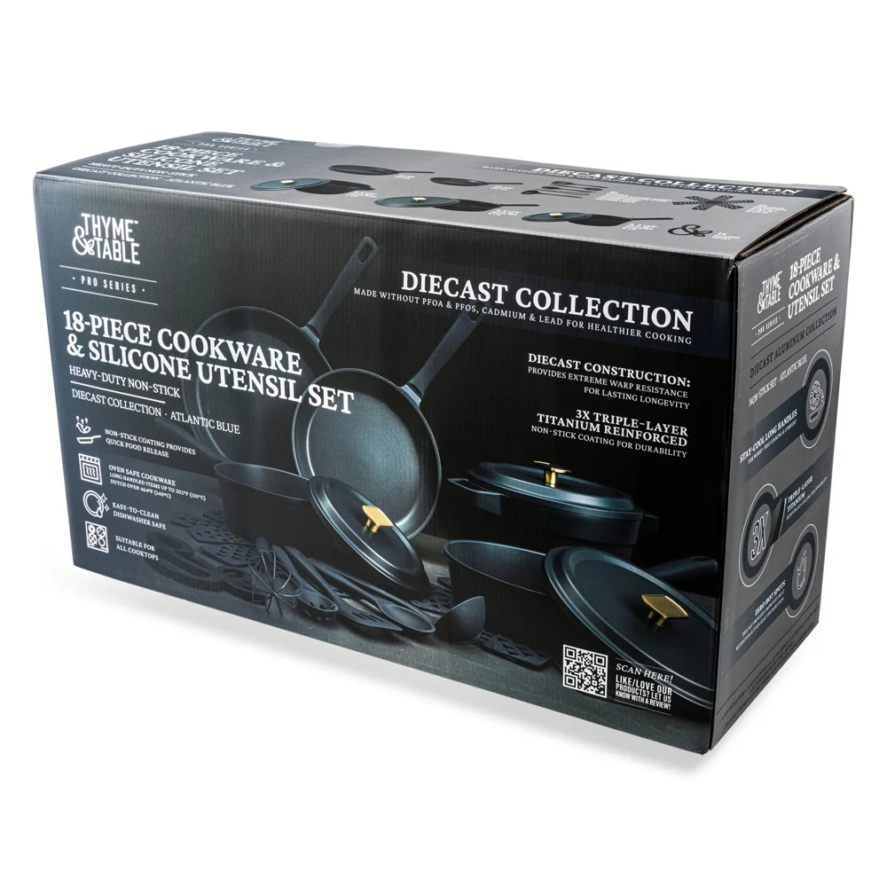Thyme & Table 18-Piece Non-stick Diecast Cookware & Silicone Utensil Set, Pots and Pans Set - Atlantic Blue