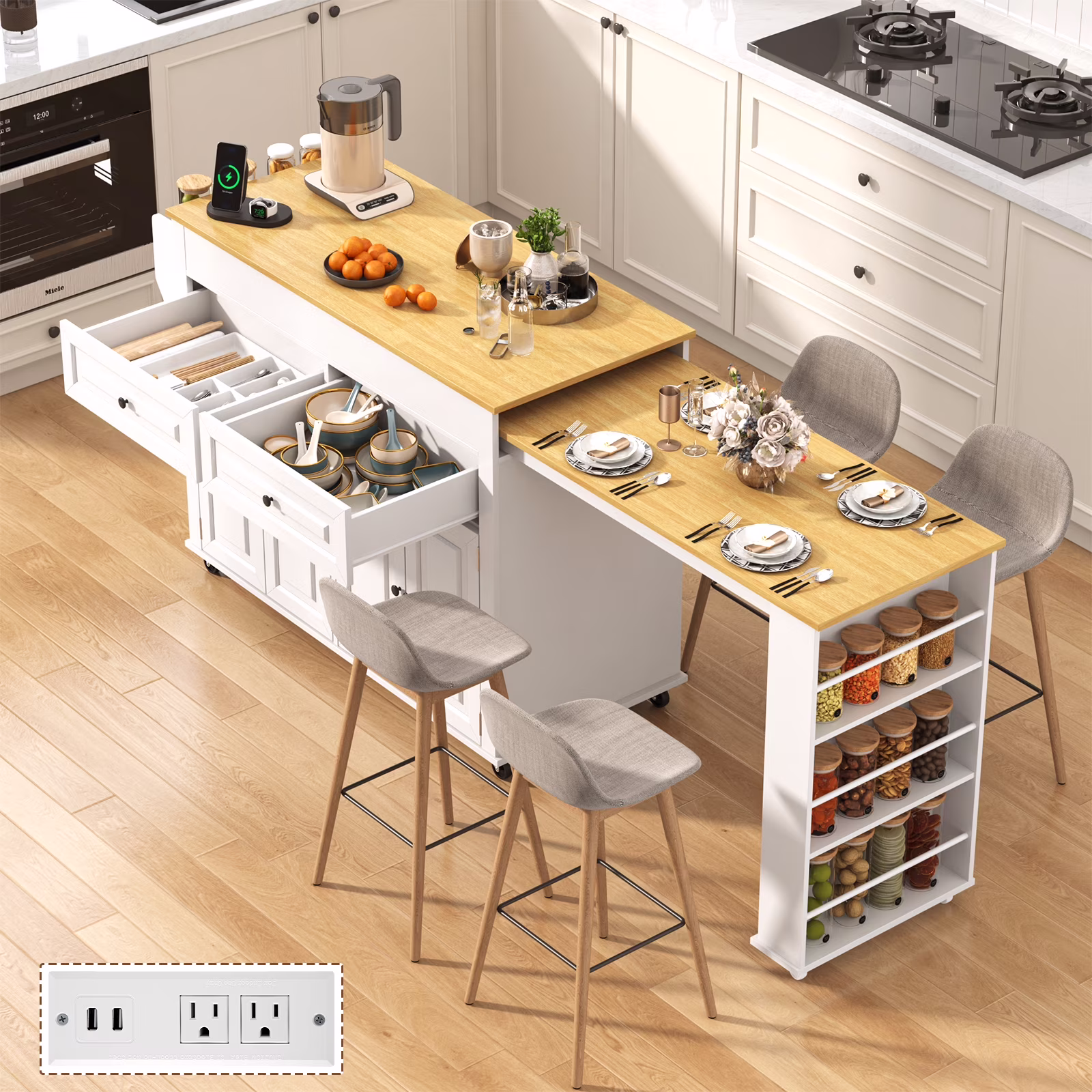 ANPOO Large Kitchen Island with Extendable Dining Table and Power Outlet, Rolling Kitchen Island Cart on Wheels with 2 Storage Cabinets & 2 Drawers & 3 Spice Racks, Island Table for Kitchen - Image 3