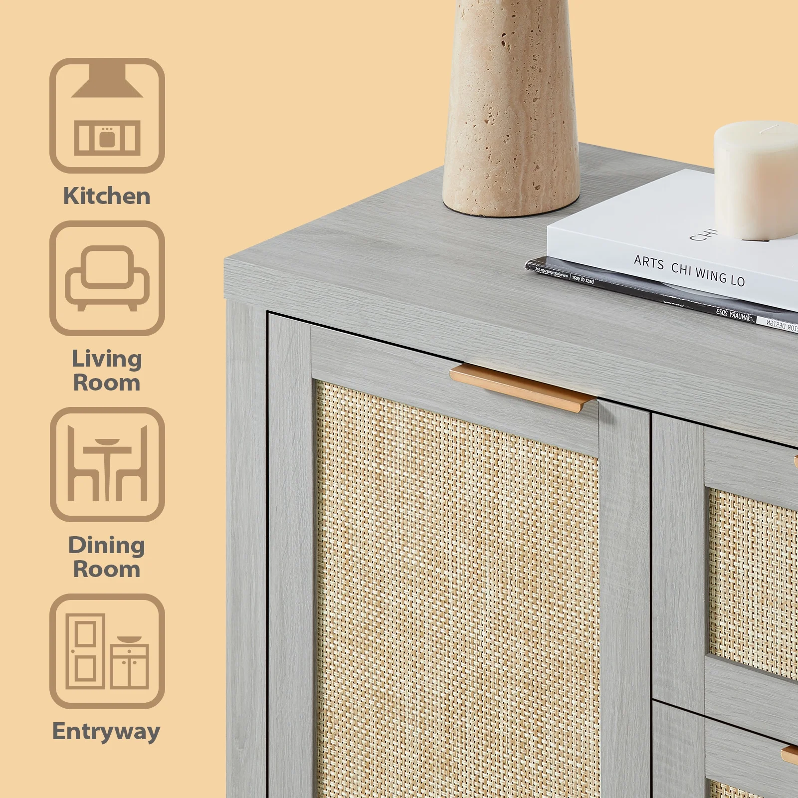 ARKANTOS Sideboards and Buffets, Boho Storage Cabinets with Rattan Doors and Drawers, Natural Oak - Image 21