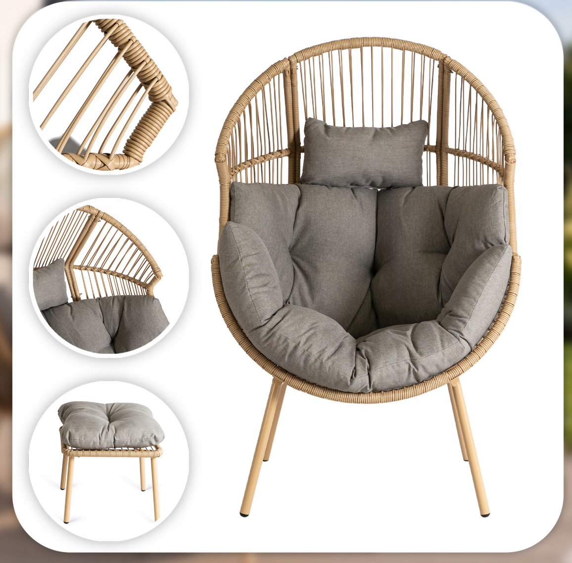 Fotel Ogrodowy Jednoosobowy Kokon Boho Na Taras Rattanowy Szary PORTLAND