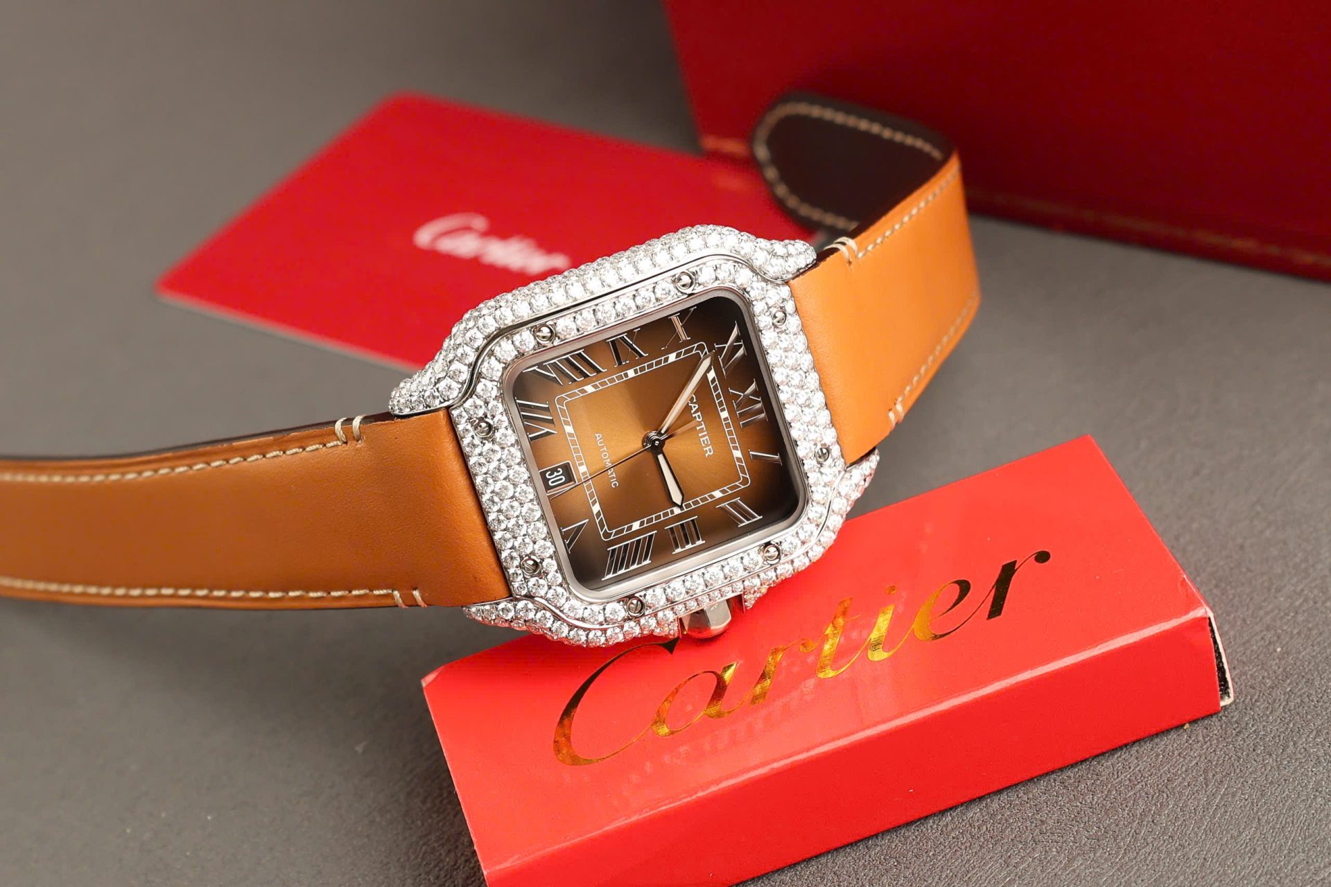 Cartier Santos Dial Brown Replica Watches Custom Diamonds Moissanite BV Factory 39.8mm - Top club