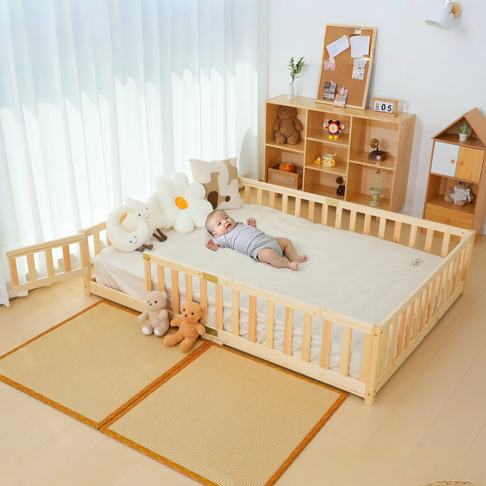 Slsy Twin Size Toddler Floor Bed, Solid Wood Montessori Bed Frame with Fence & Door Montessori Floor Bed Crib with Safety Guardrails for Girls and Boys - Image 20