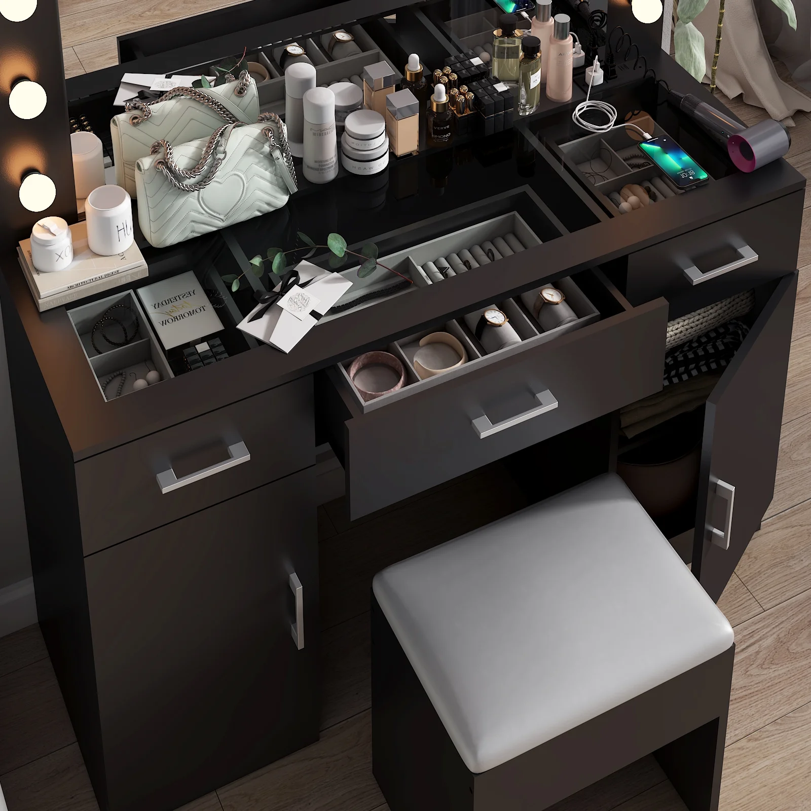 Ktaxon Large Makeup Vanity, Vanity Table Set w/ Visible Glass Top w/ Charging Station, White - Image 55