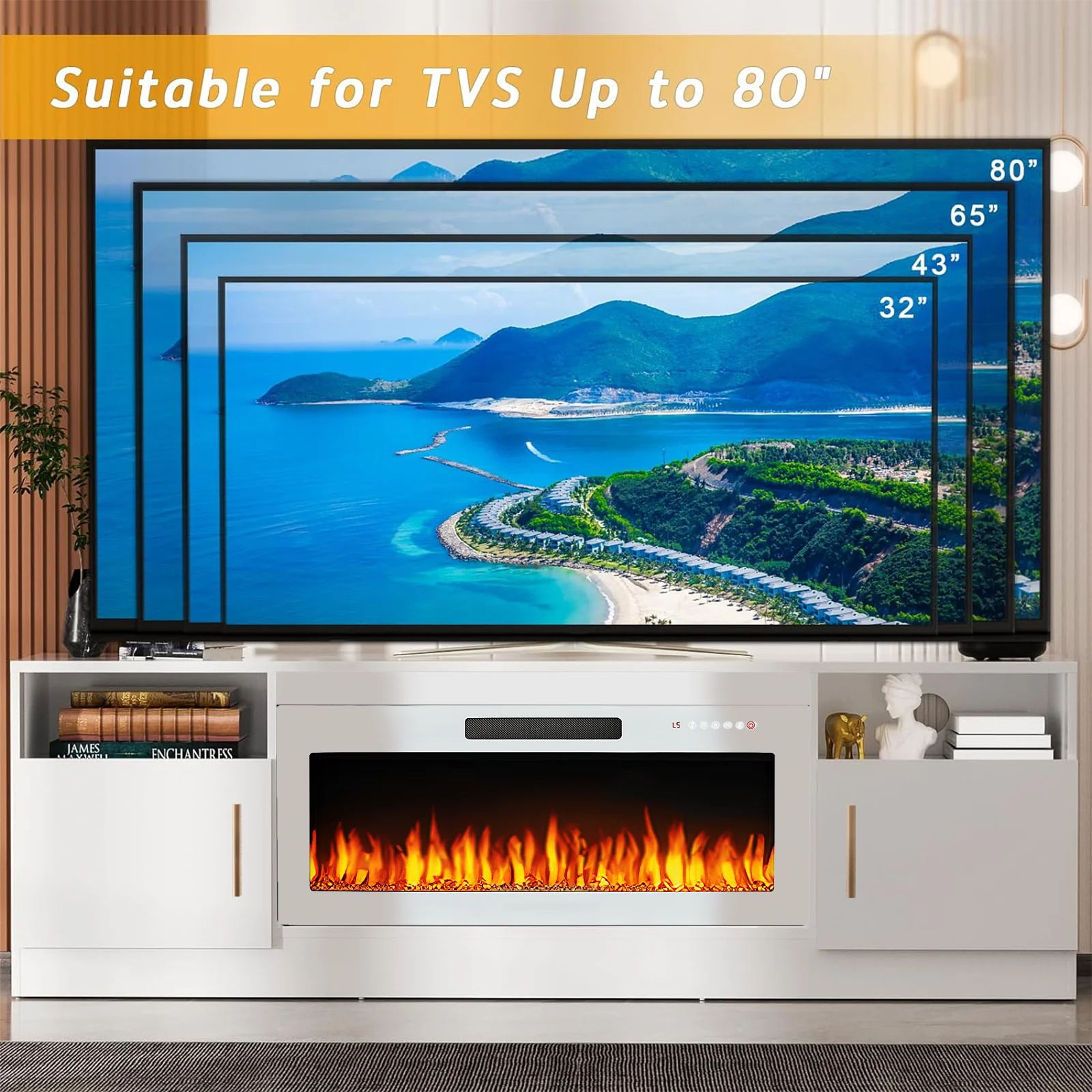 Waleaf Fireplace TV Stand with 36" Electric Fireplace Up to 80" TVs, Modern Wood Media TV Console with Highlight Cabinet, White - Image 31