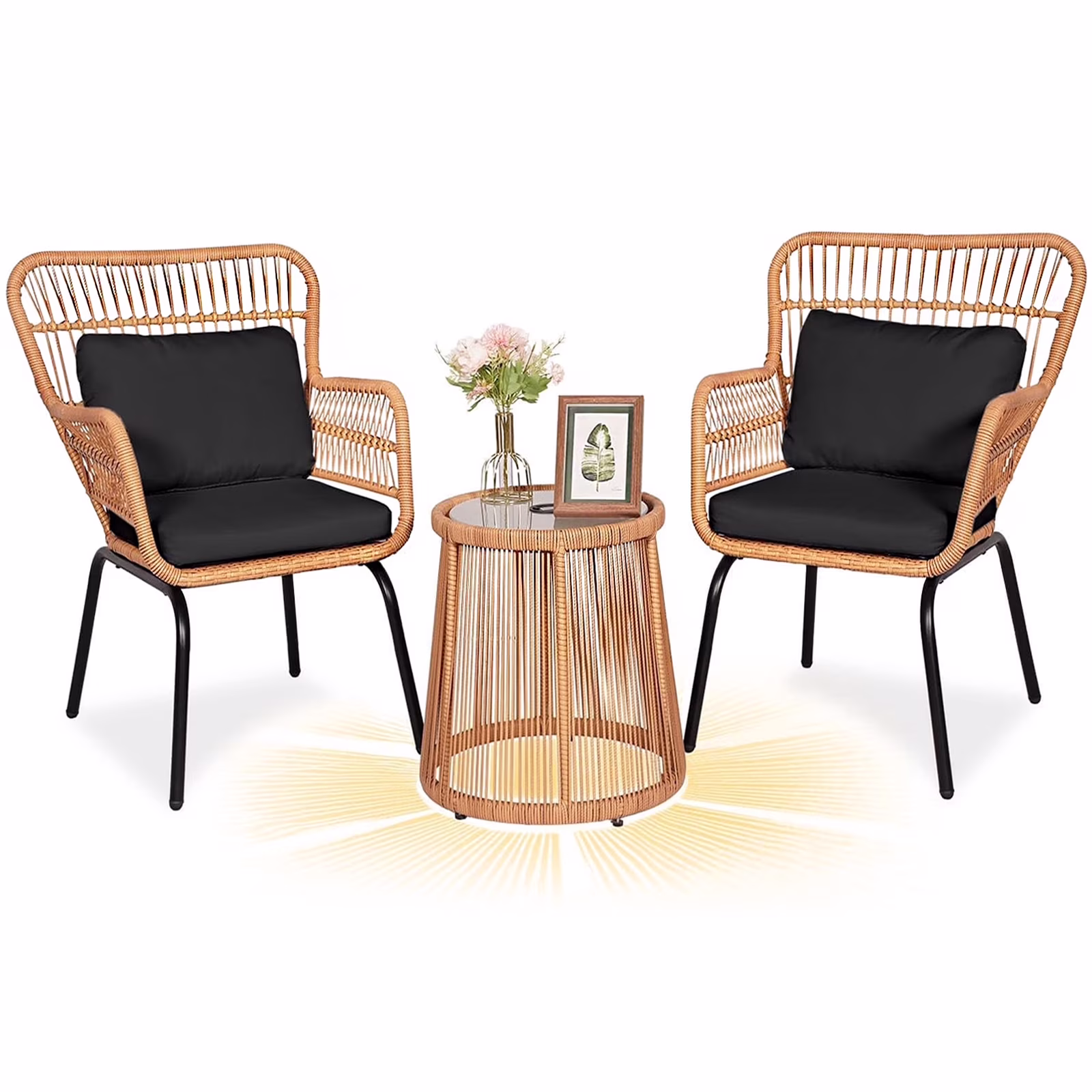 Tappio 3-Piece Patio Conversation Bistro Set Rattan Furniture, Outdoor Patio Set w/Glass Top Table & Cushions for Garden Balcony Backyard Poolside, Yellow/Beige - Image 9