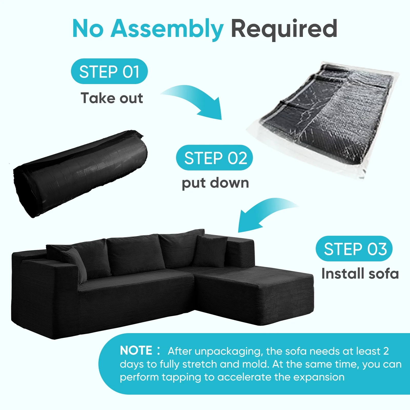 ZAFLY 106" Cloud Sectional Couch with Chaise, No Assembly Required L Shaped Sleeper Sofa, Oversized Deep Seat Modular Couches and Sofas for Living Room - Right, Black - Image 11